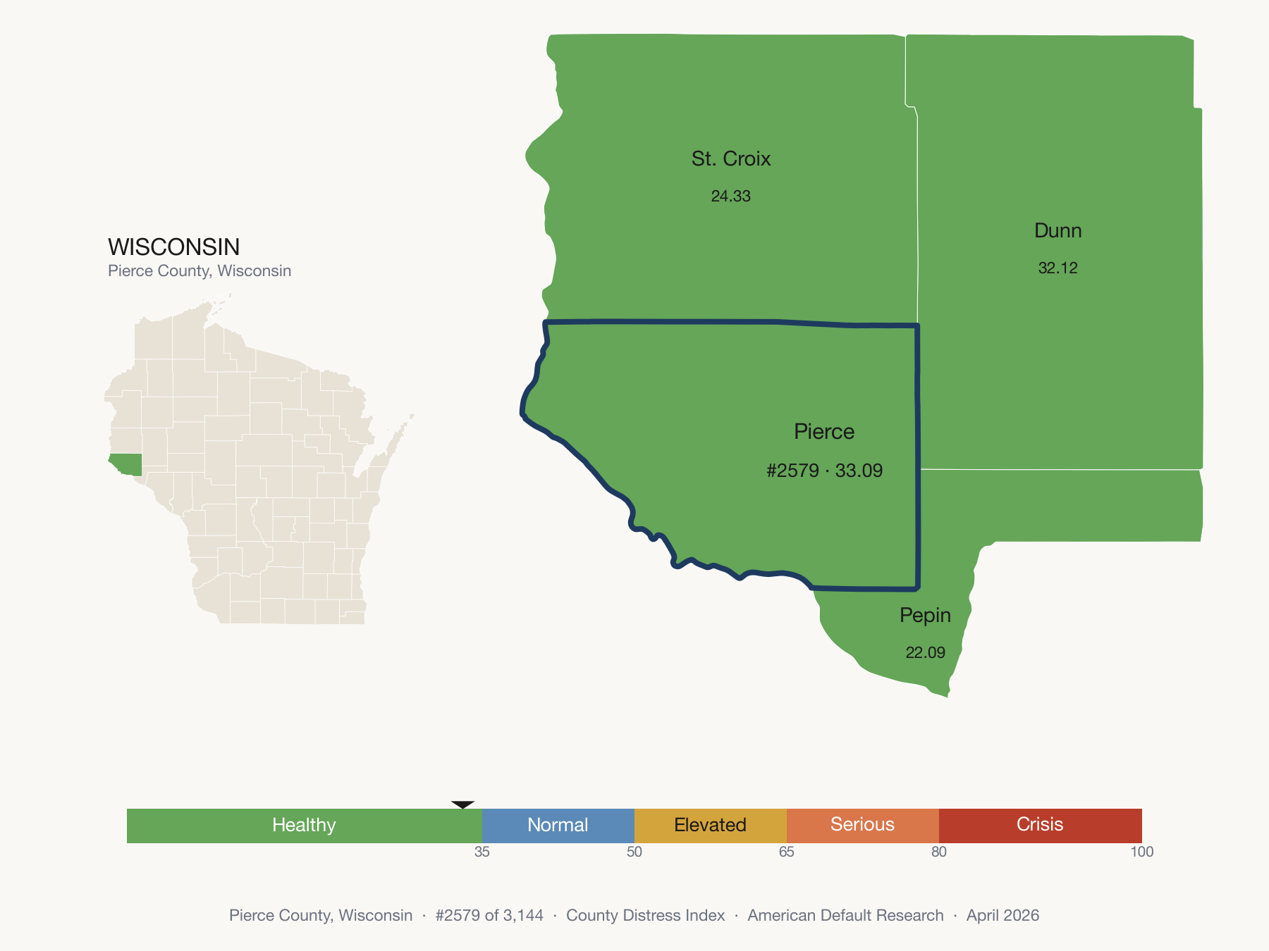 County Distress Index cluster map. Pierce County, Wisconsin and its neighbors colored by distress zone.