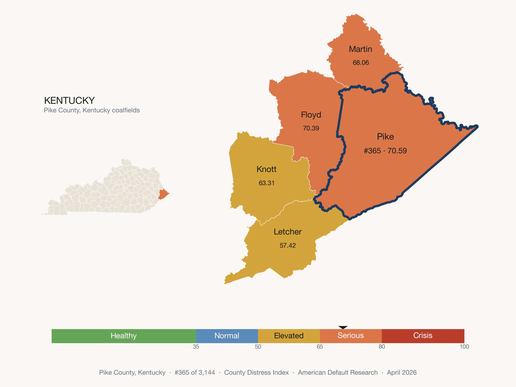 County Distress Index cluster map. Pike County, Kentucky and its neighbors colored by distress zone.
