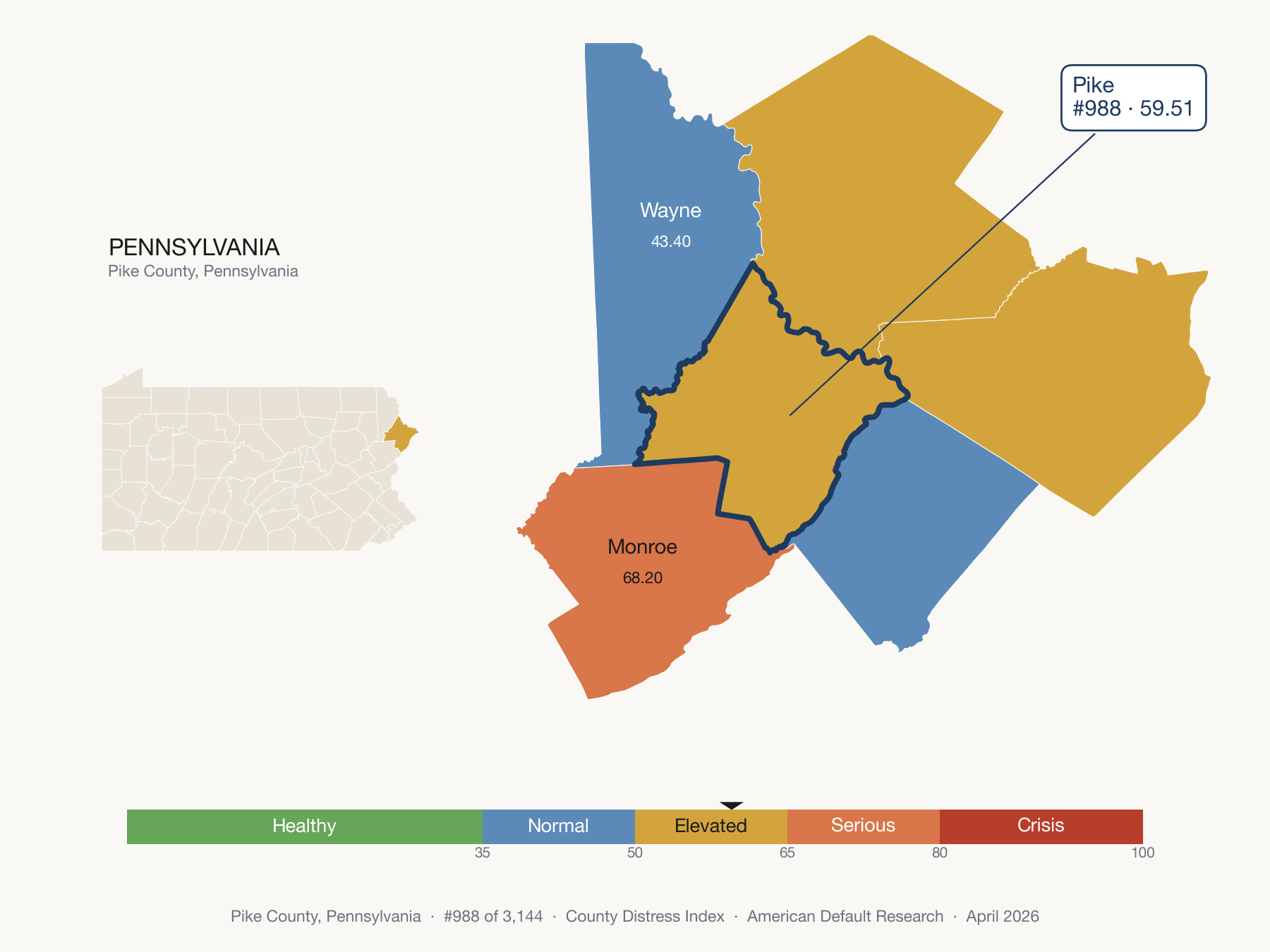 County Distress Index cluster map. Pike County, Pennsylvania and its neighbors colored by distress fifth.