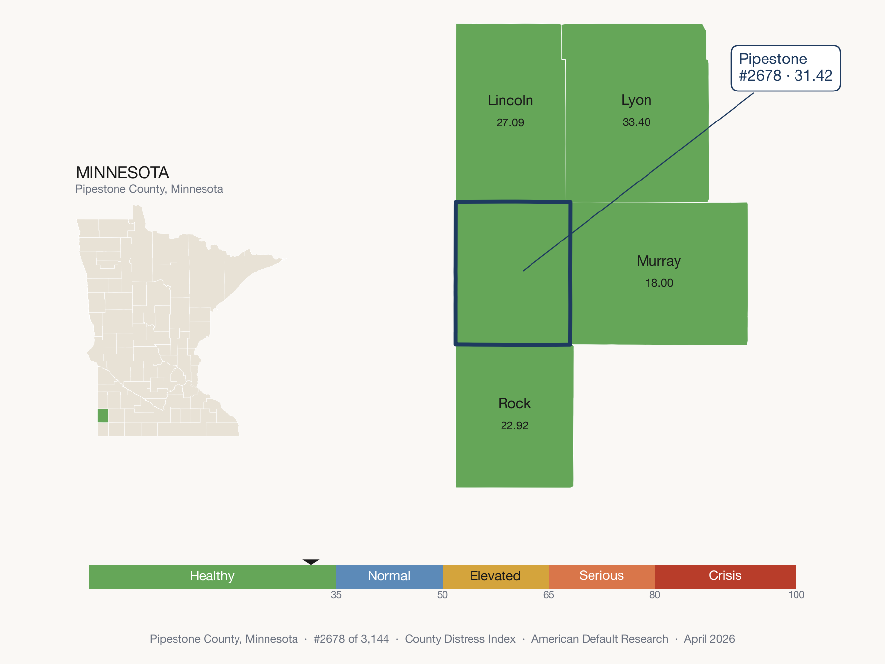 County Distress Index cluster map. Pipestone County, Minnesota and its neighbors colored by distress fifth.