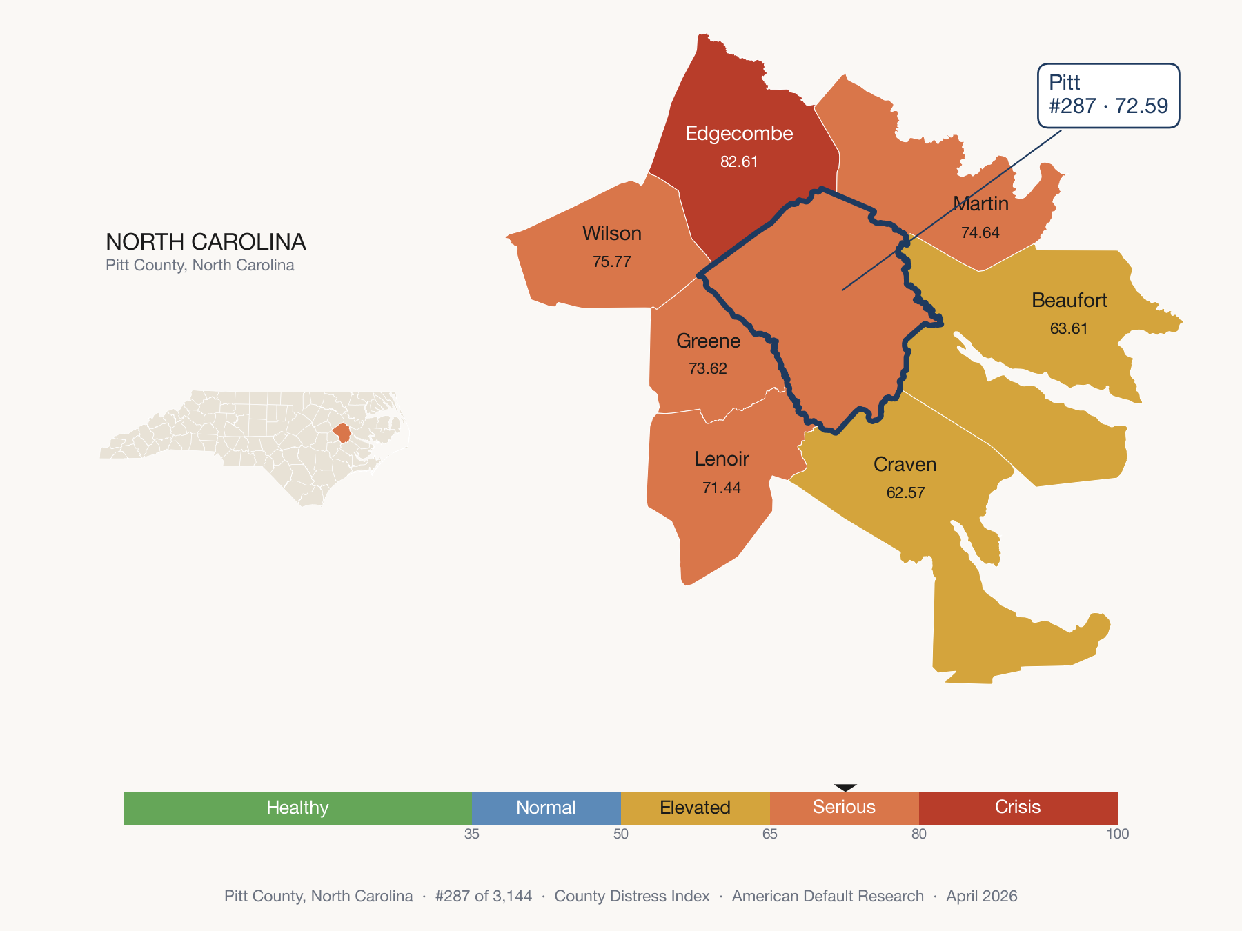 County Distress Index cluster map. Pitt County, North Carolina and its neighbors colored by distress fifth.