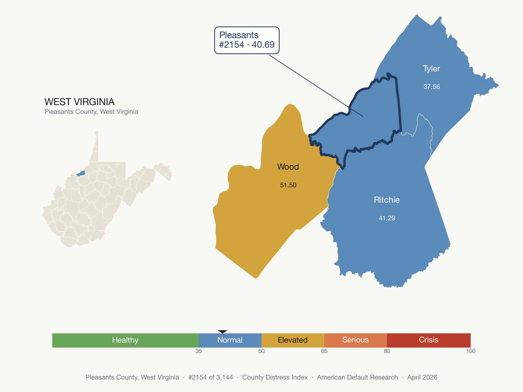 County Distress Index cluster map. Pleasants County, West Virginia and its neighbors colored by distress fifth.