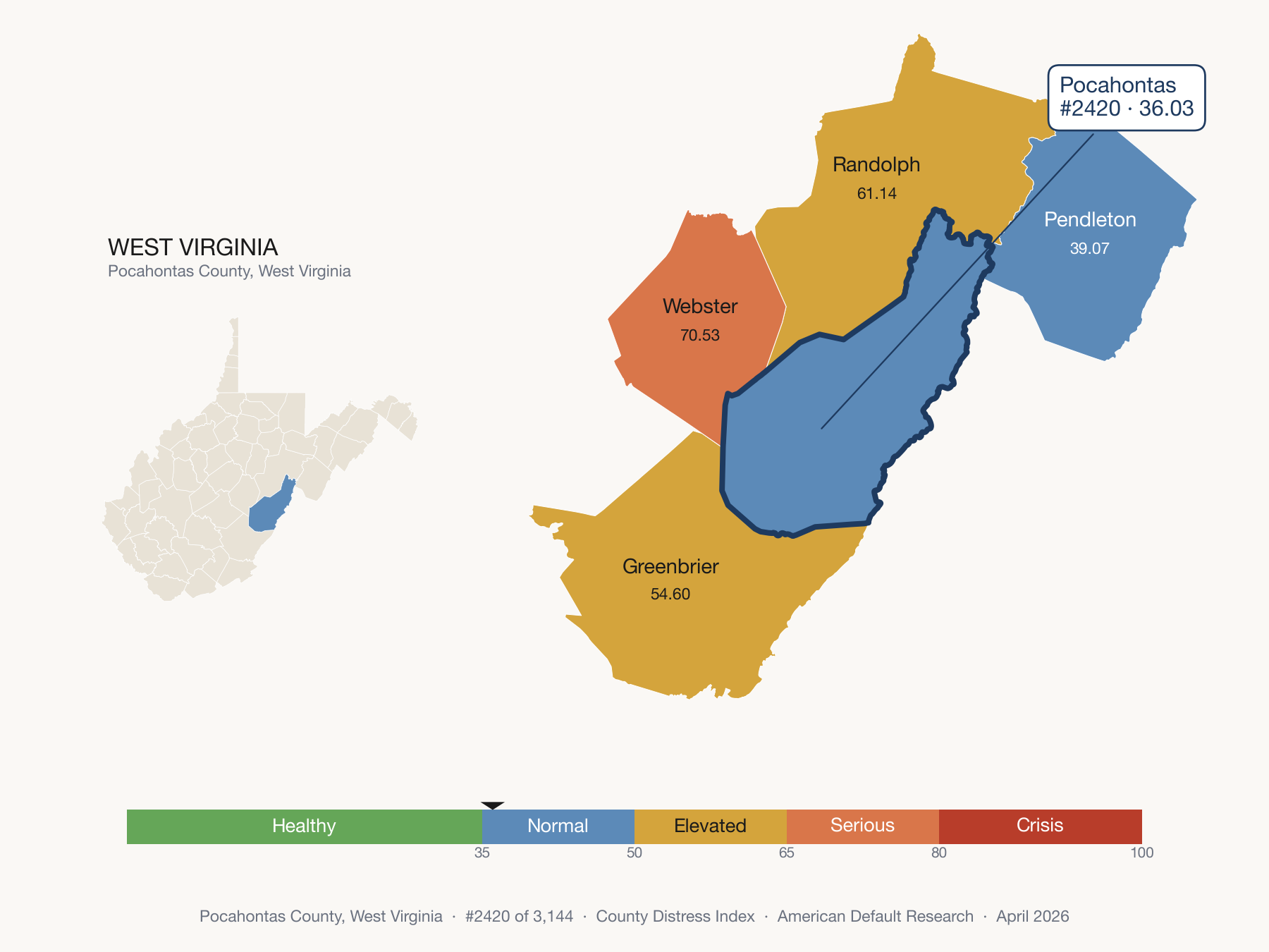 County Distress Index cluster map. Pocahontas County, West Virginia and its neighbors colored by distress zone.