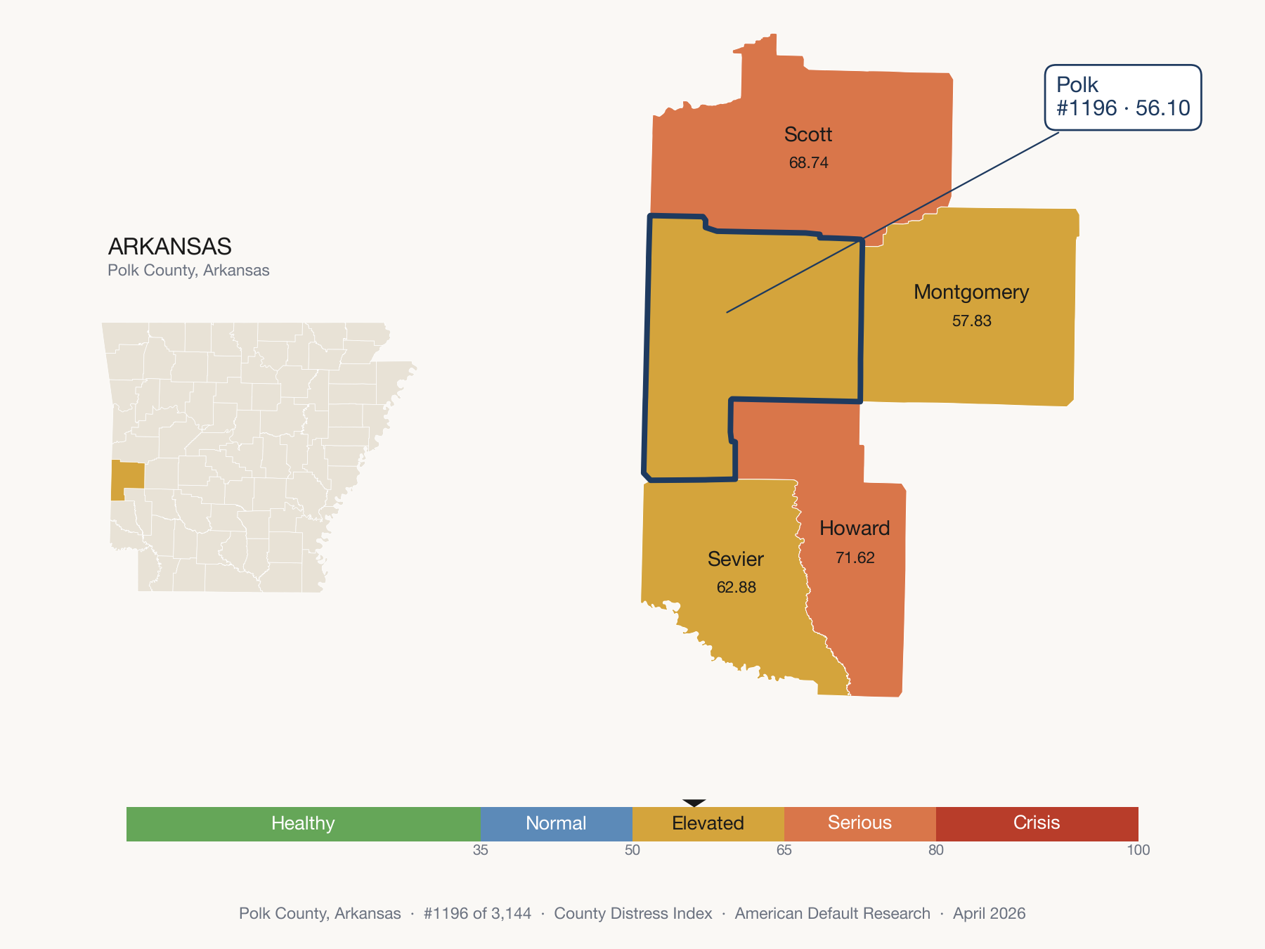 County Distress Index cluster map. Polk County, Arkansas and its neighbors colored by distress fifth.