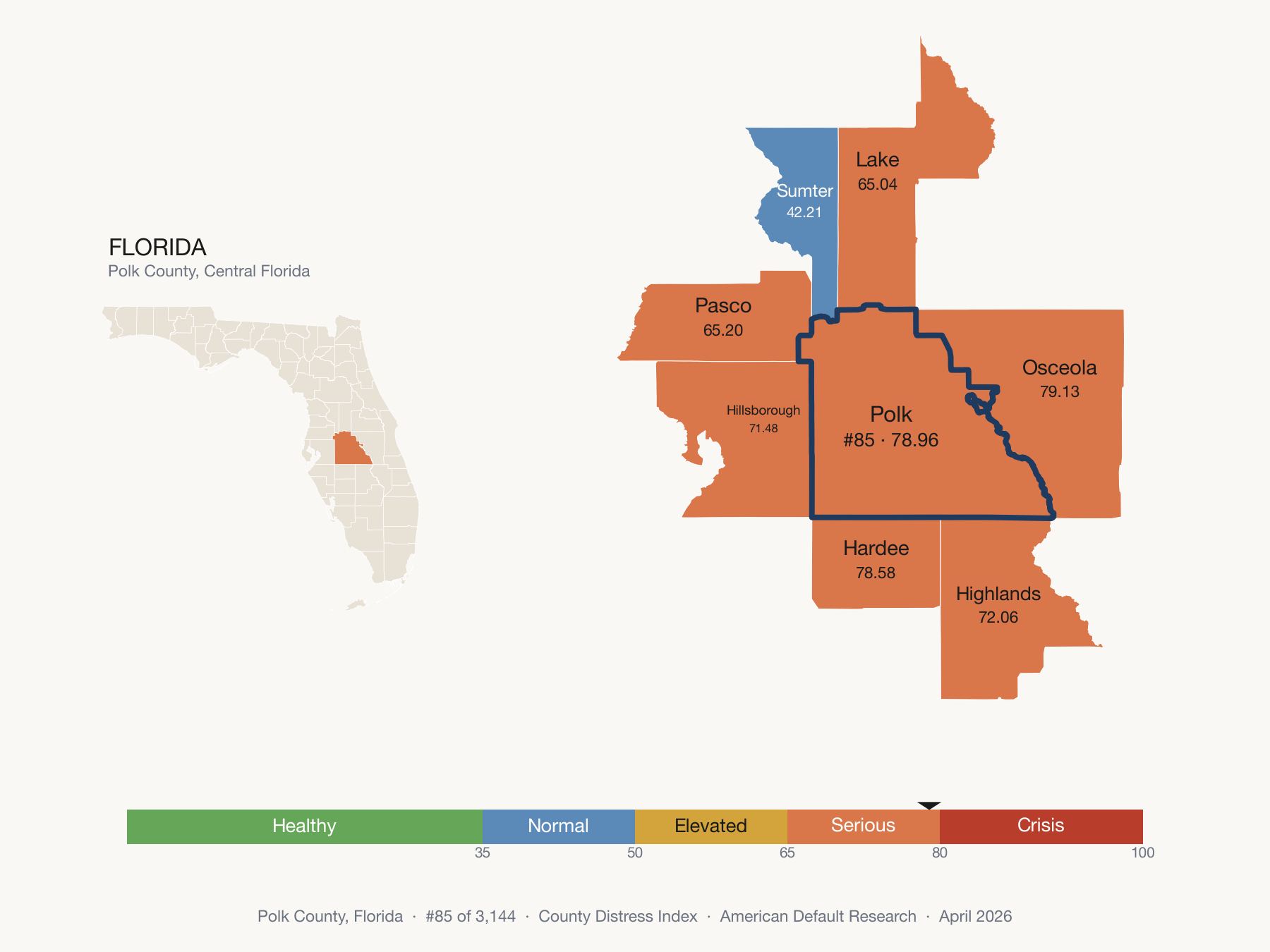 County Distress Index cluster map. Polk County, Florida and its neighbors colored by distress fifth.