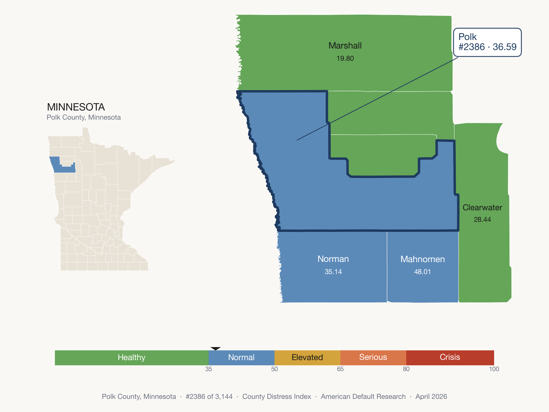 County Distress Index cluster map. Polk County, Minnesota and its neighbors colored by distress fifth.
