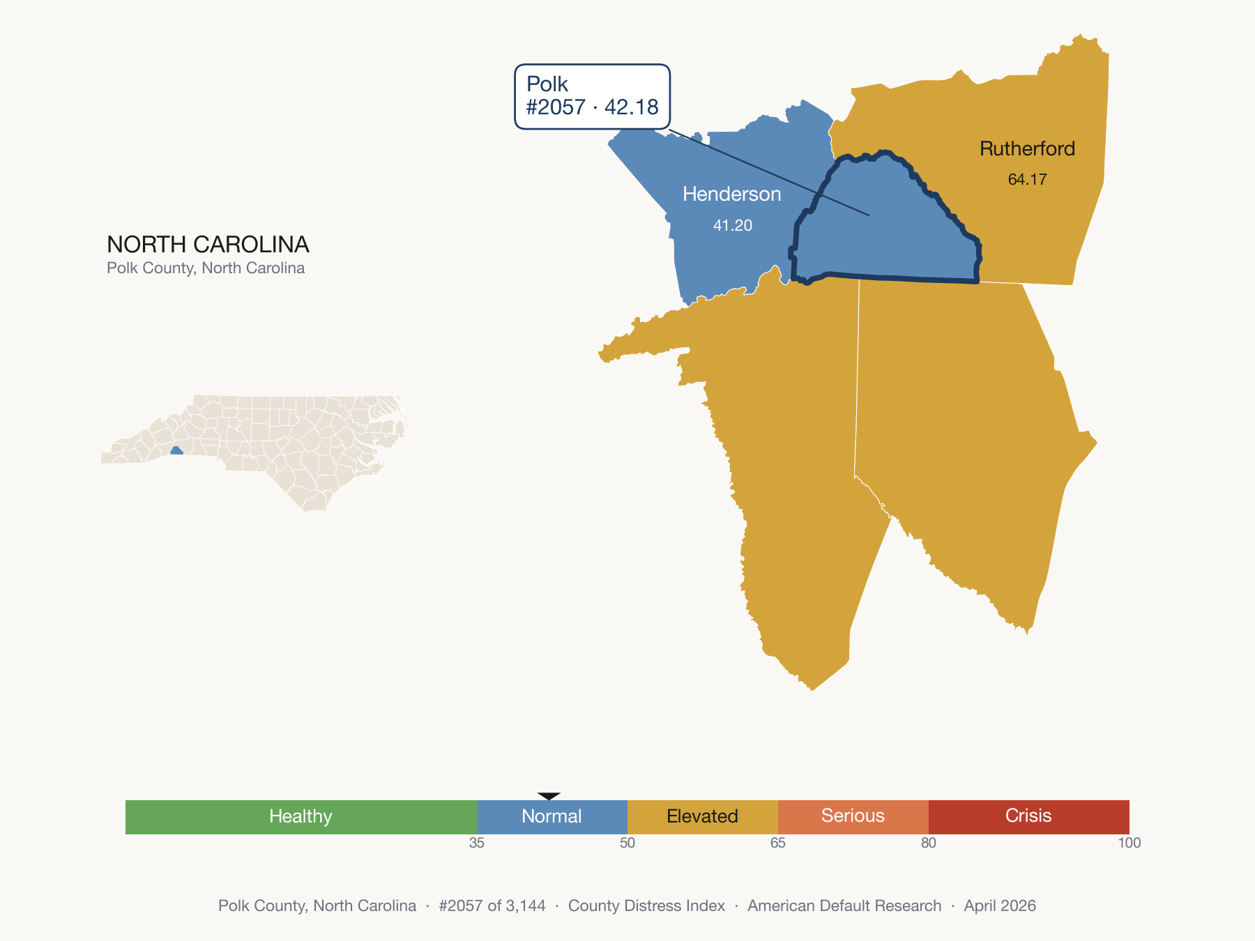 County Distress Index cluster map. Polk County, North Carolina and its neighbors colored by distress zone.