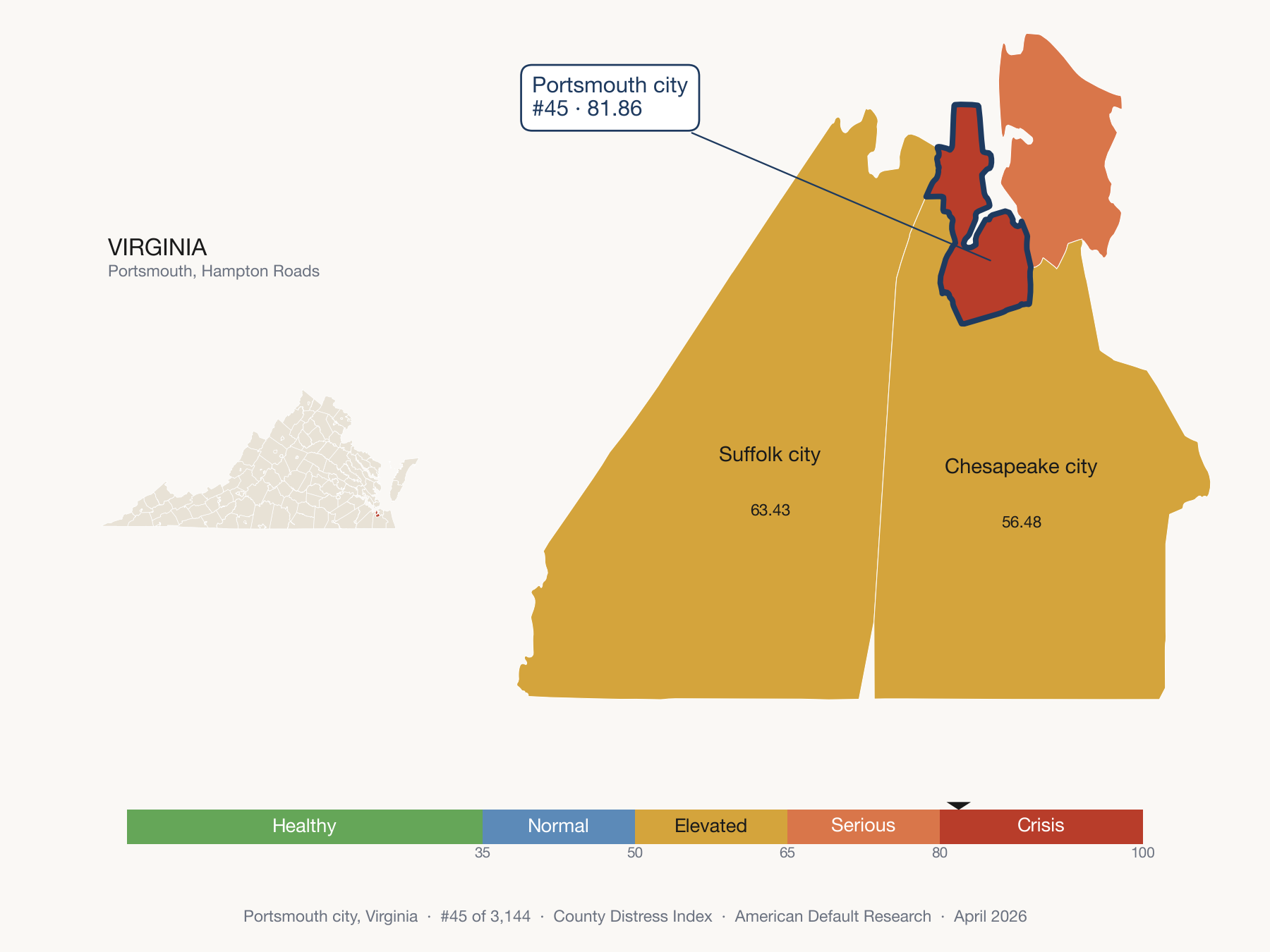 County Distress Index cluster map. Portsmouth city, Virginia and its neighbors colored by distress fifth.
