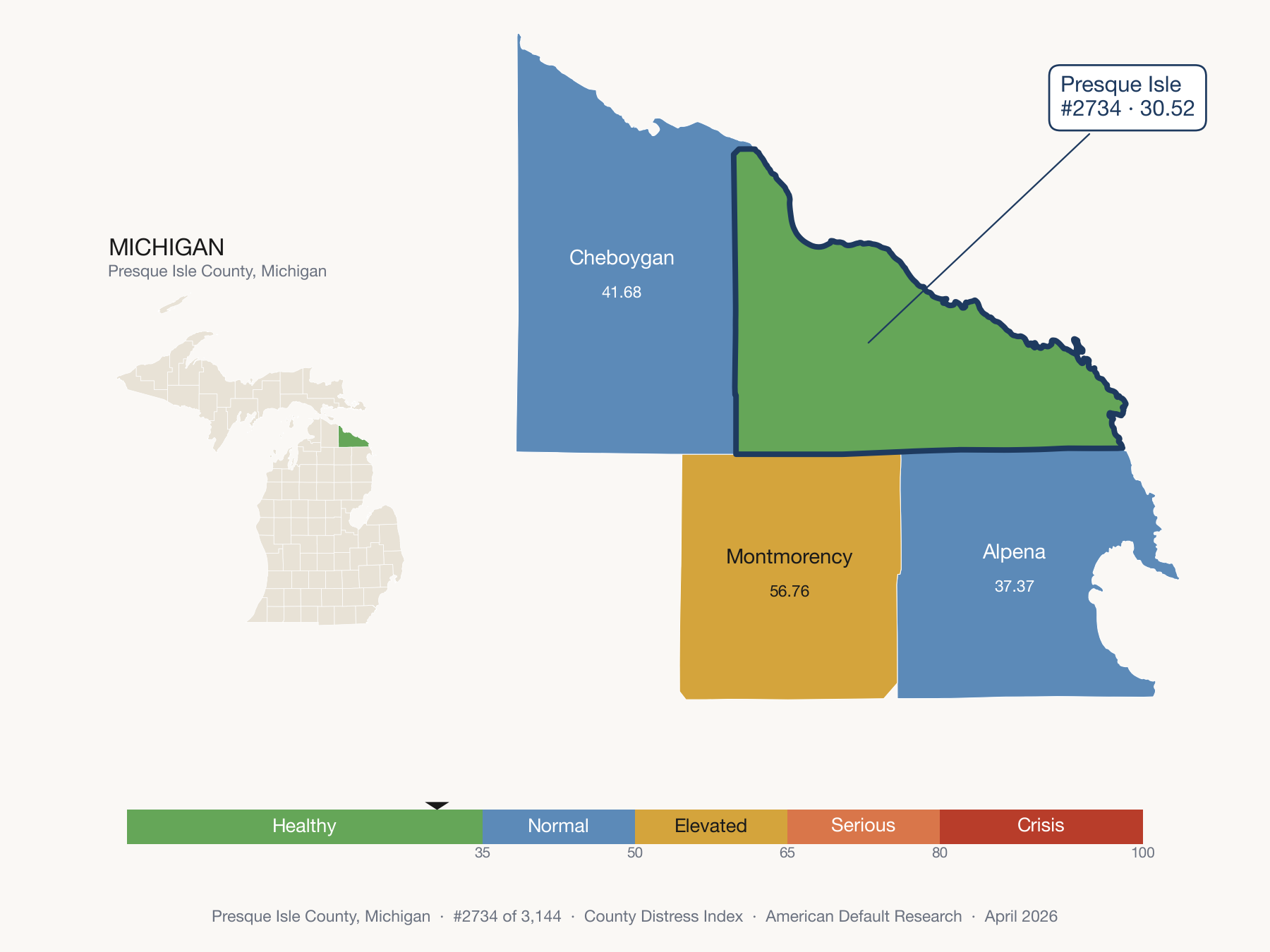 County Distress Index cluster map. Presque Isle County, Michigan and its neighbors colored by distress fifth.