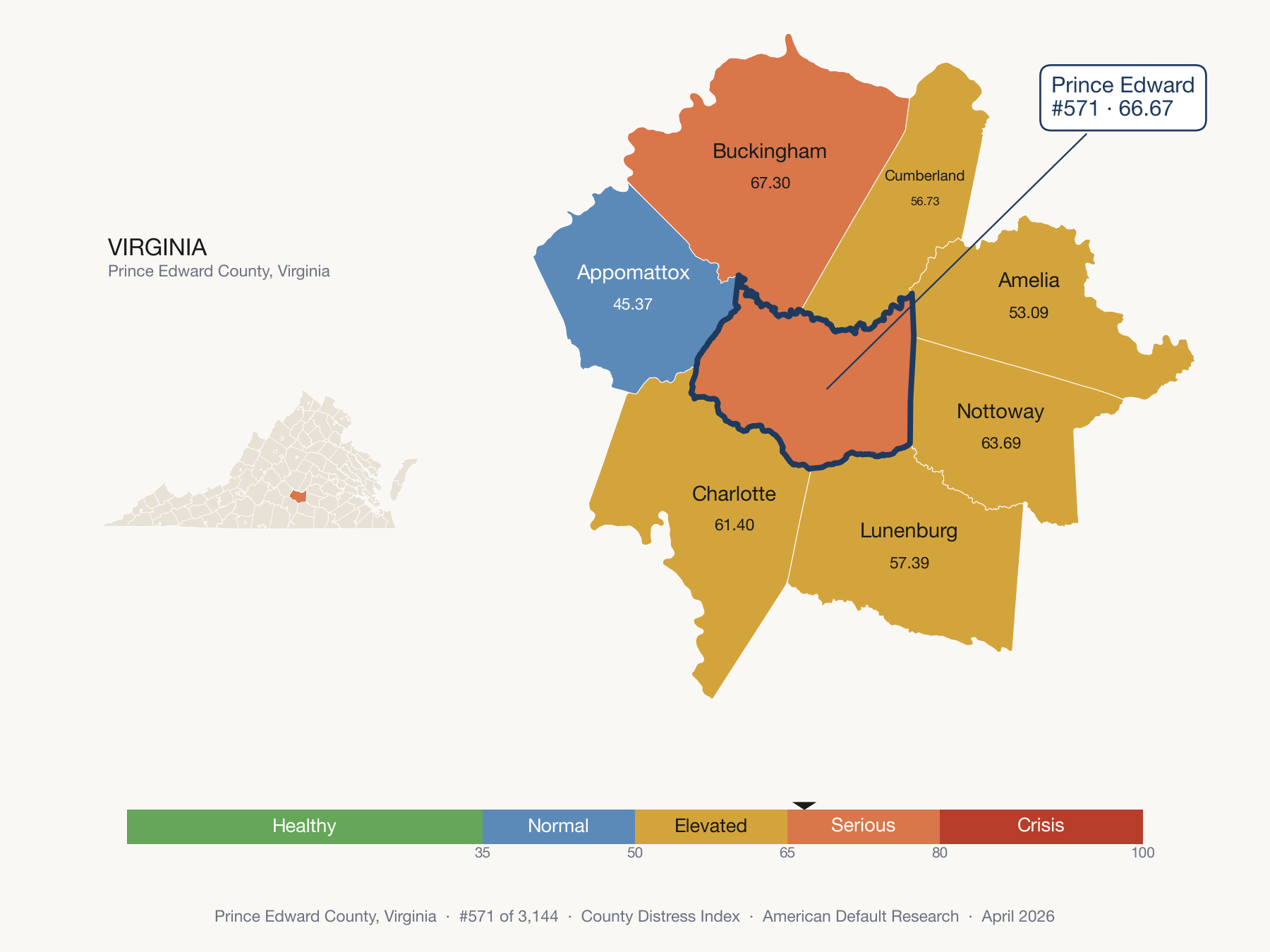 County Distress Index cluster map. Prince Edward County, Virginia and its neighbors colored by distress fifth.