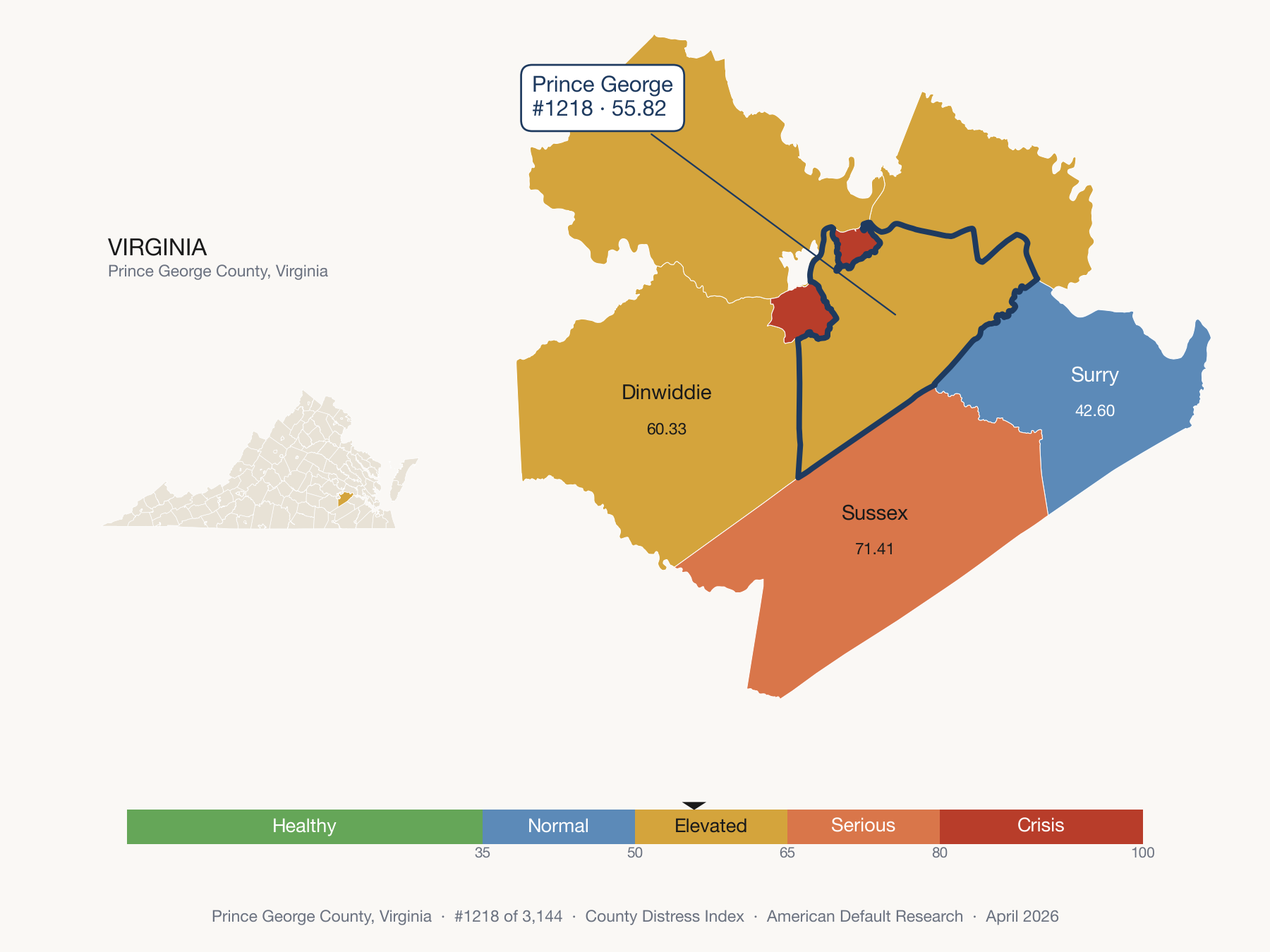 County Distress Index cluster map. Prince George County, Virginia and its neighbors colored by distress fifth.