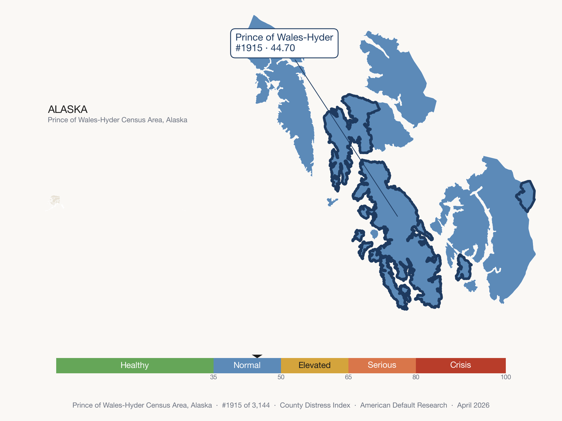 County Distress Index cluster map. Prince of Wales-Hyder Census Area, Alaska and its neighbors colored by distress fifth.