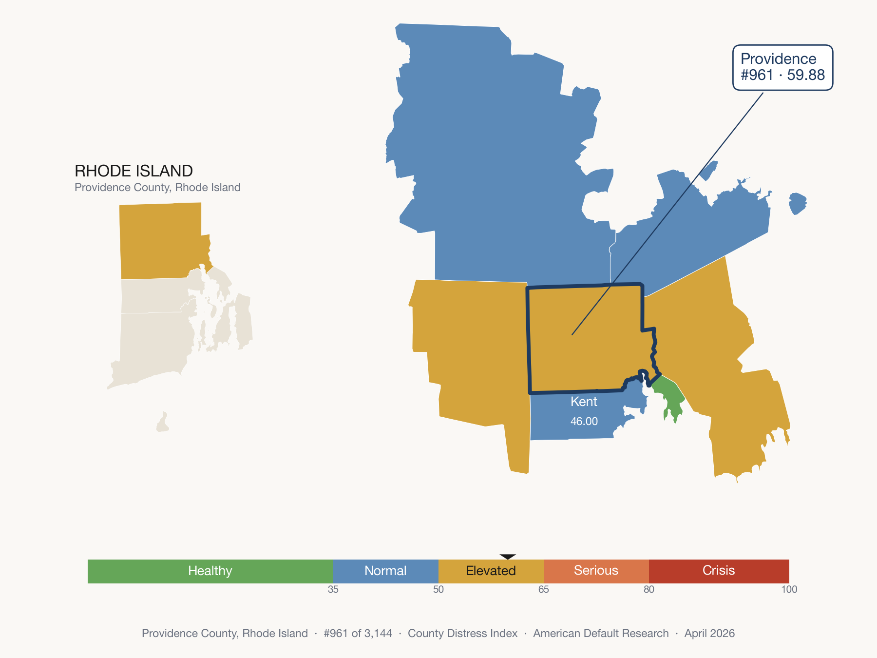 County Distress Index cluster map. Providence County, Rhode Island and its neighbors colored by distress fifth.