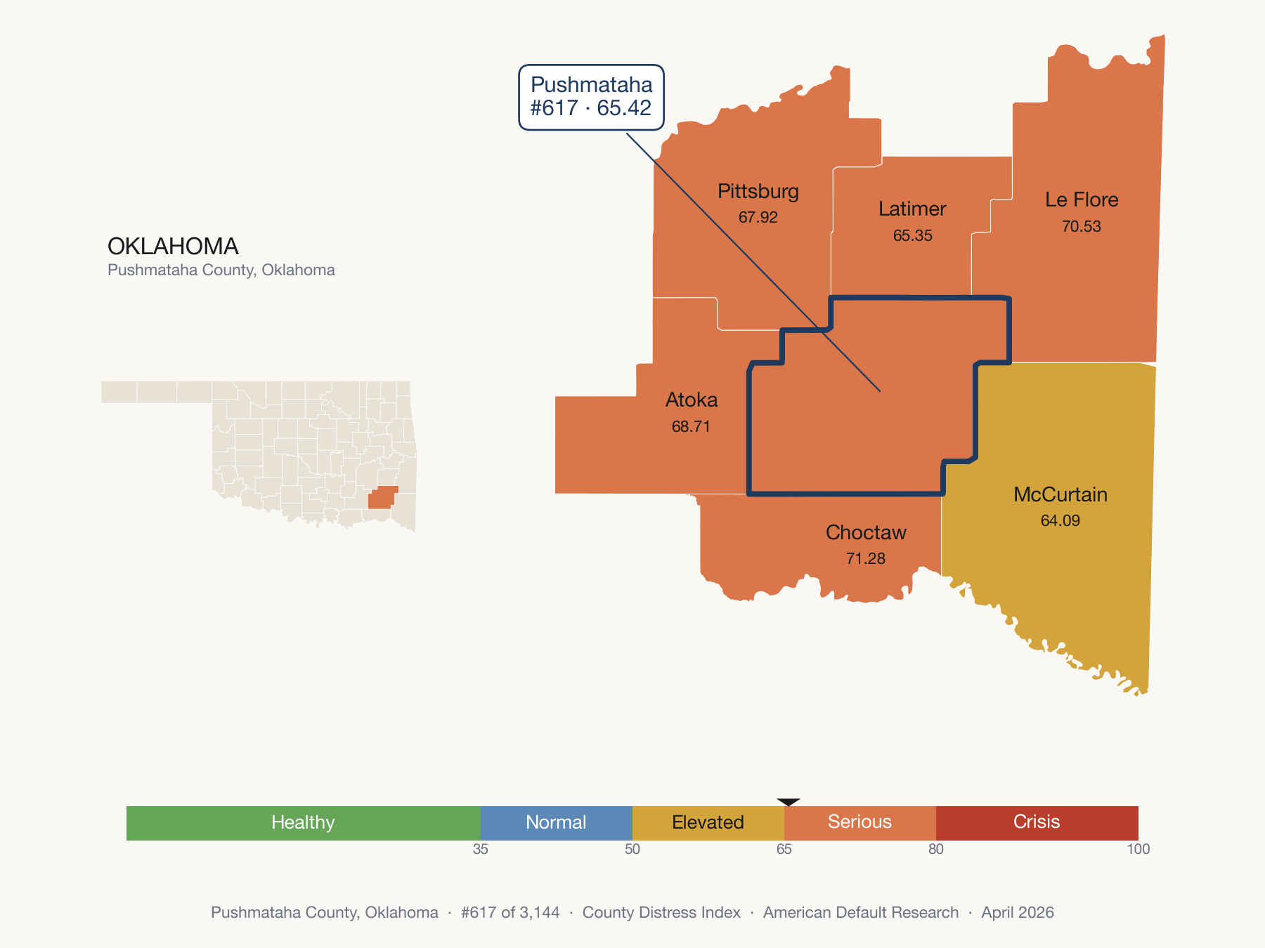 County Distress Index cluster map. Pushmataha County, Oklahoma and its neighbors colored by distress fifth.
