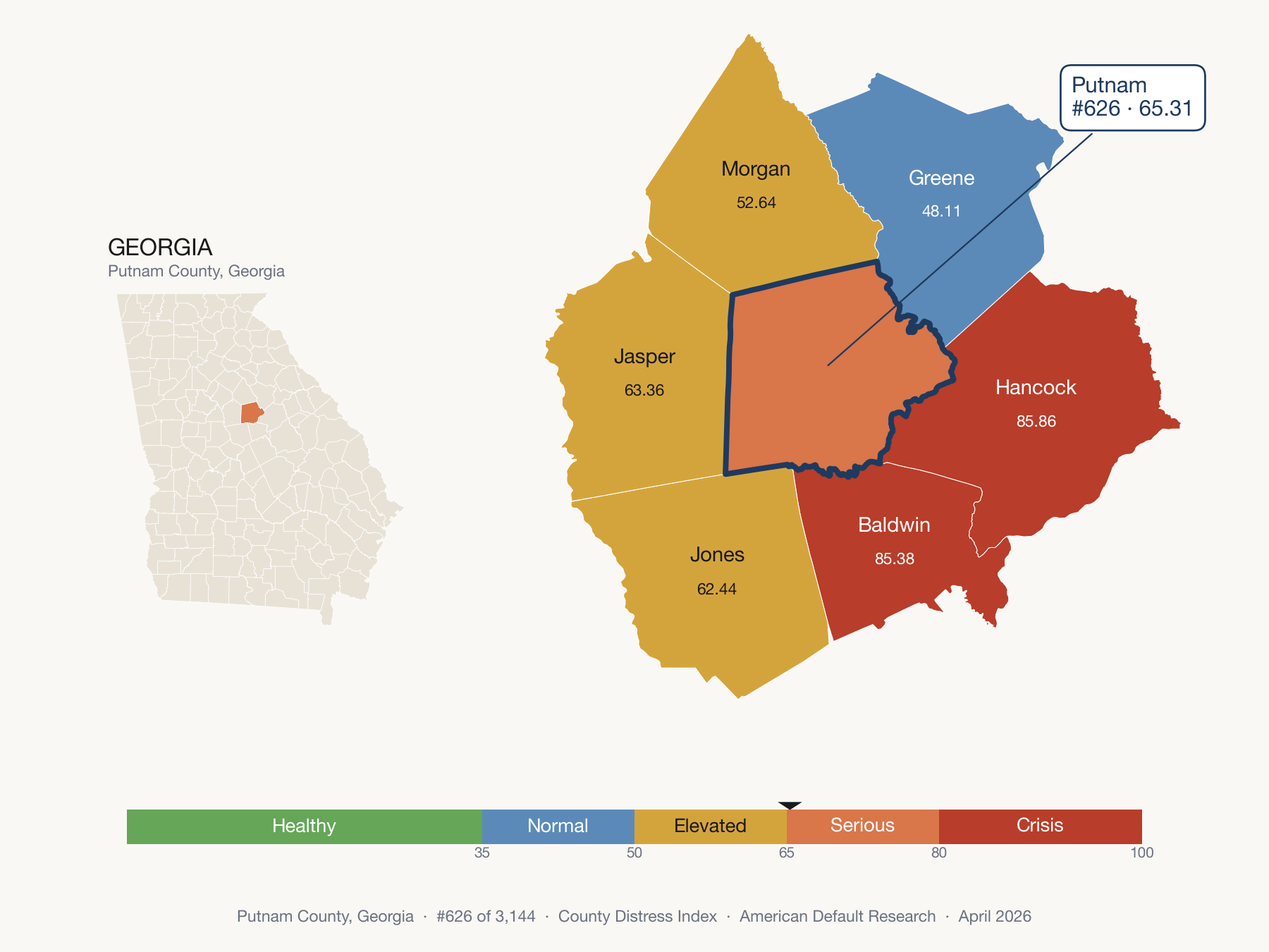 County Distress Index cluster map. Putnam County, Georgia and its neighbors colored by distress fifth.