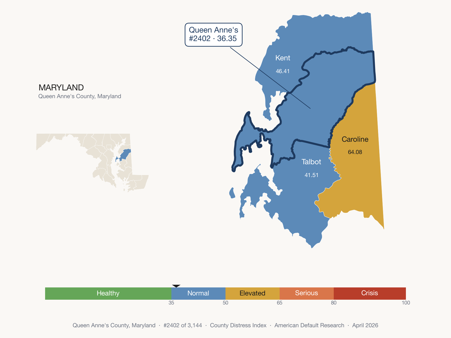 County Distress Index cluster map. Queen Anne's County, Maryland and its neighbors colored by distress fifth.