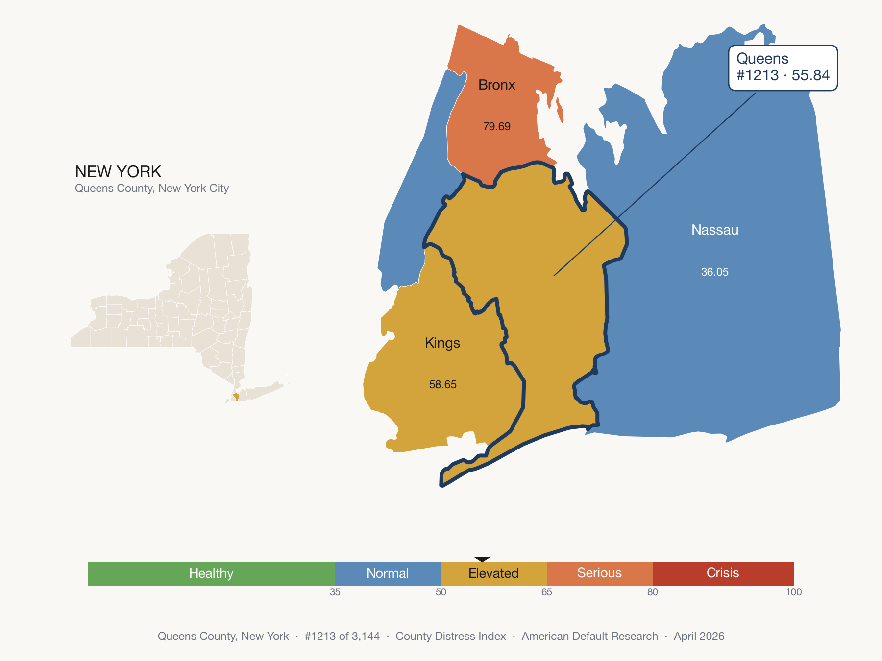 County Distress Index cluster map. Queens County, New York and its neighbors colored by distress zone.