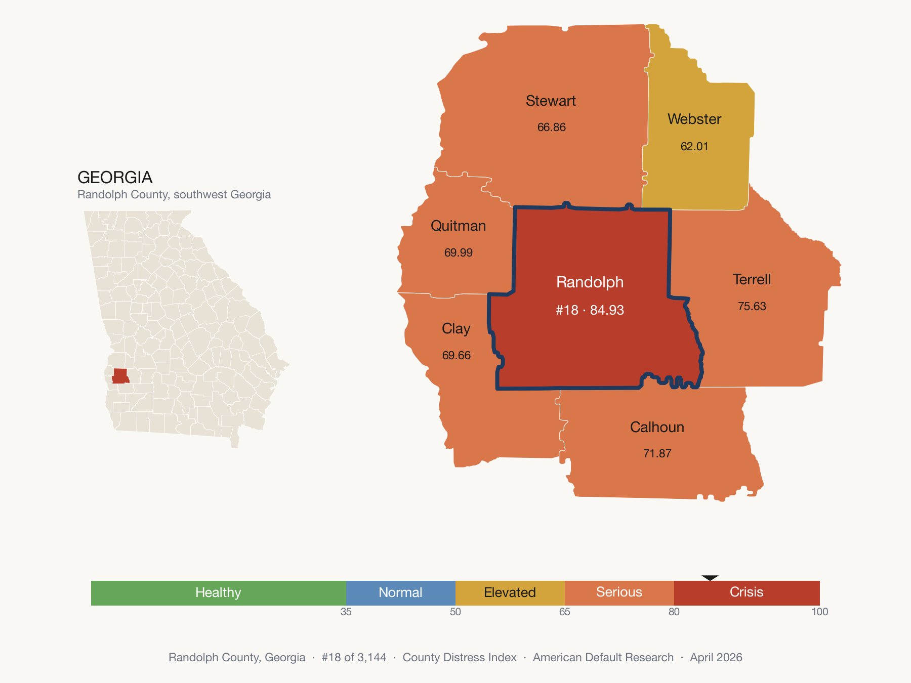County Distress Index cluster map. Randolph County, Georgia and its neighbors colored by distress fifth.