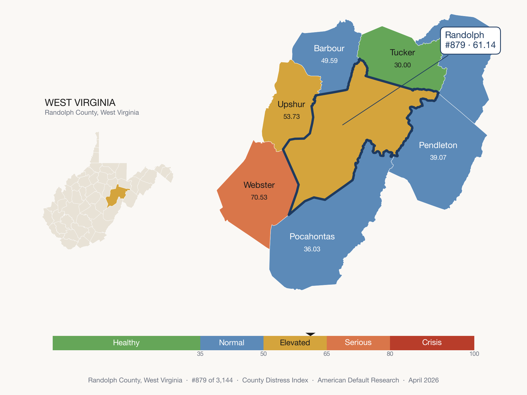 County Distress Index cluster map. Randolph County, West Virginia and its neighbors colored by distress fifth.