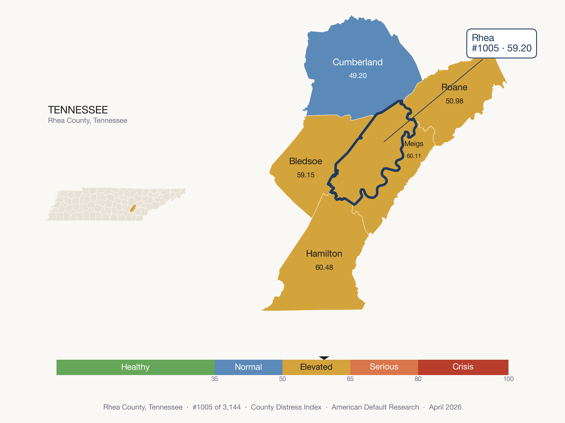 County Distress Index cluster map. Rhea County, Tennessee and its neighbors colored by distress zone.