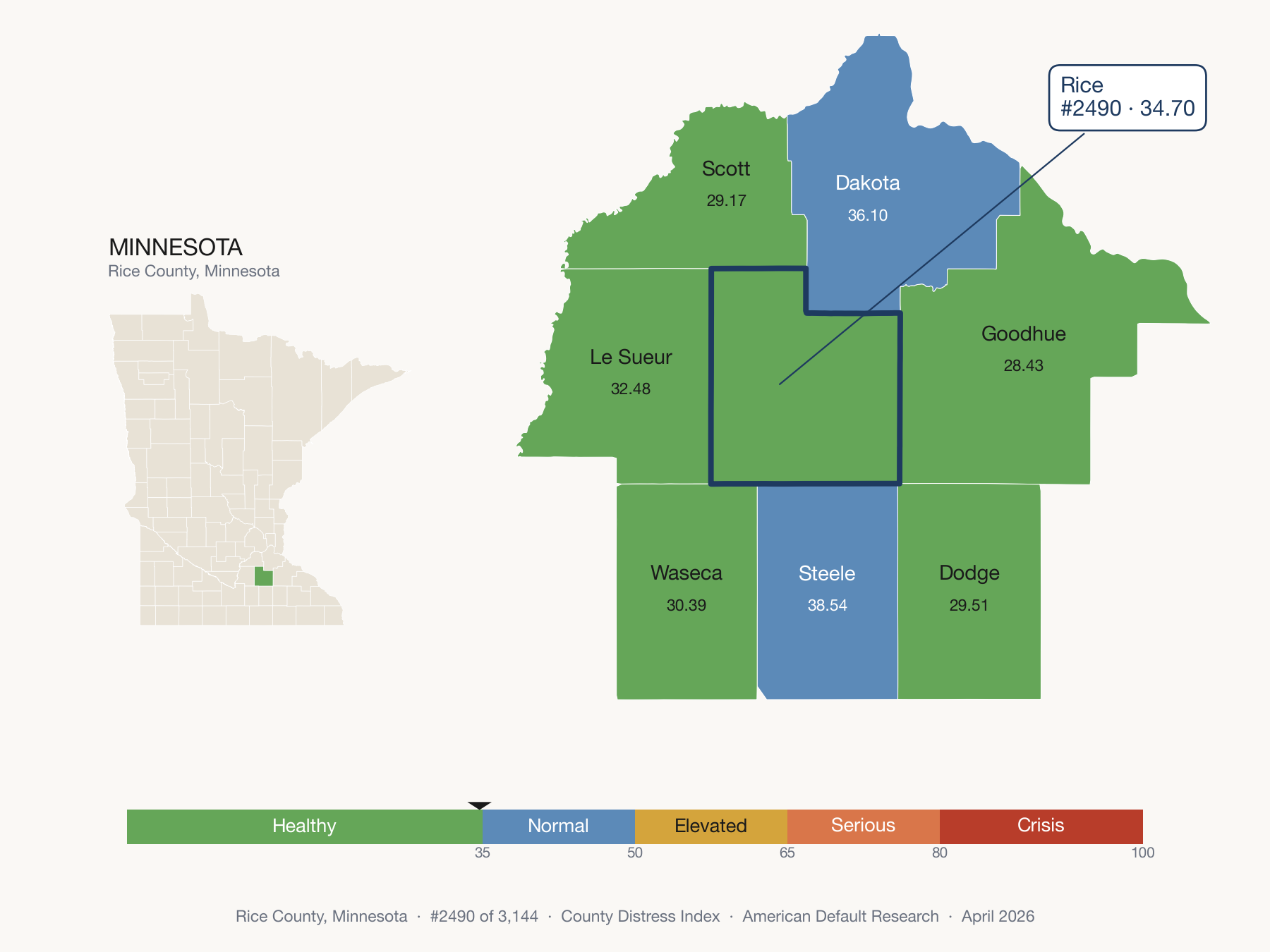 County Distress Index cluster map. Rice County, Minnesota and its neighbors colored by distress zone.