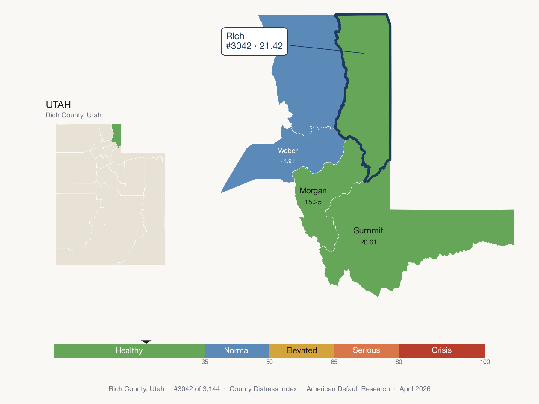 County Distress Index cluster map. Rich County, Utah and its neighbors colored by distress zone.