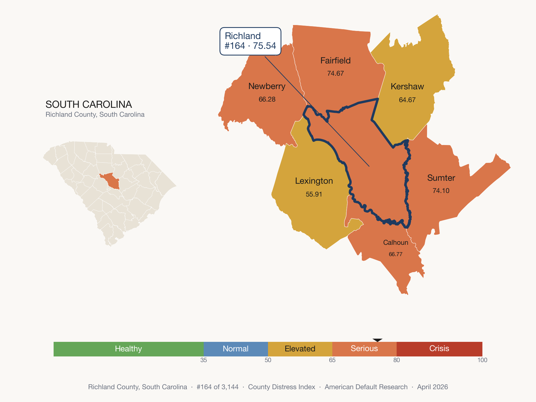 County Distress Index cluster map. Richland County, South Carolina and its neighbors colored by distress fifth.
