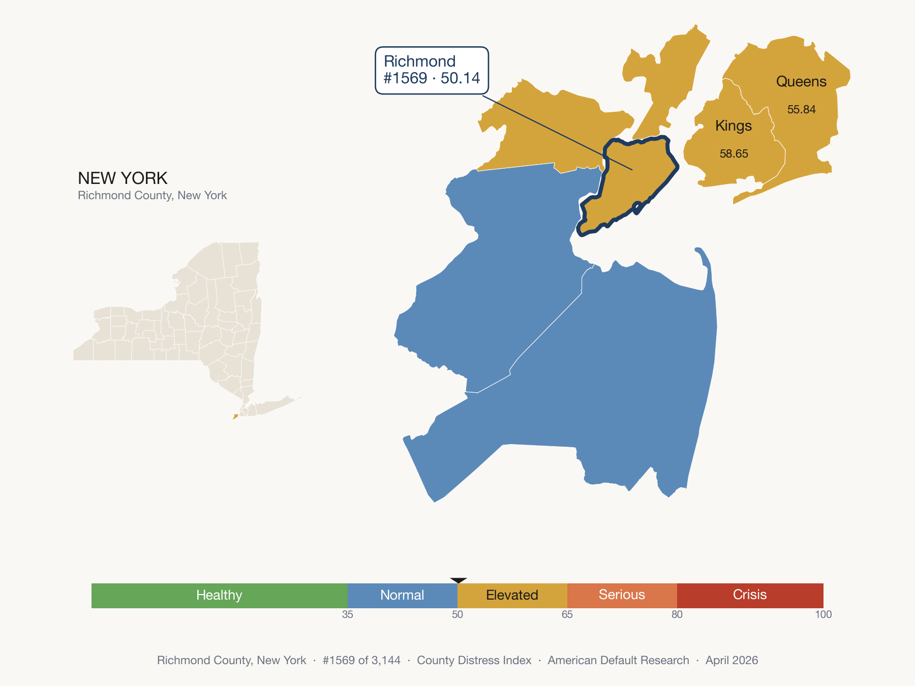 County Distress Index cluster map. Richmond County, New York and its neighbors colored by distress zone.