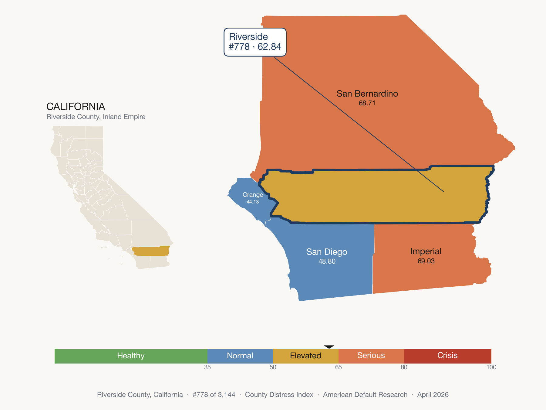 County Distress Index cluster map. Riverside County, California and its neighbors colored by distress zone.