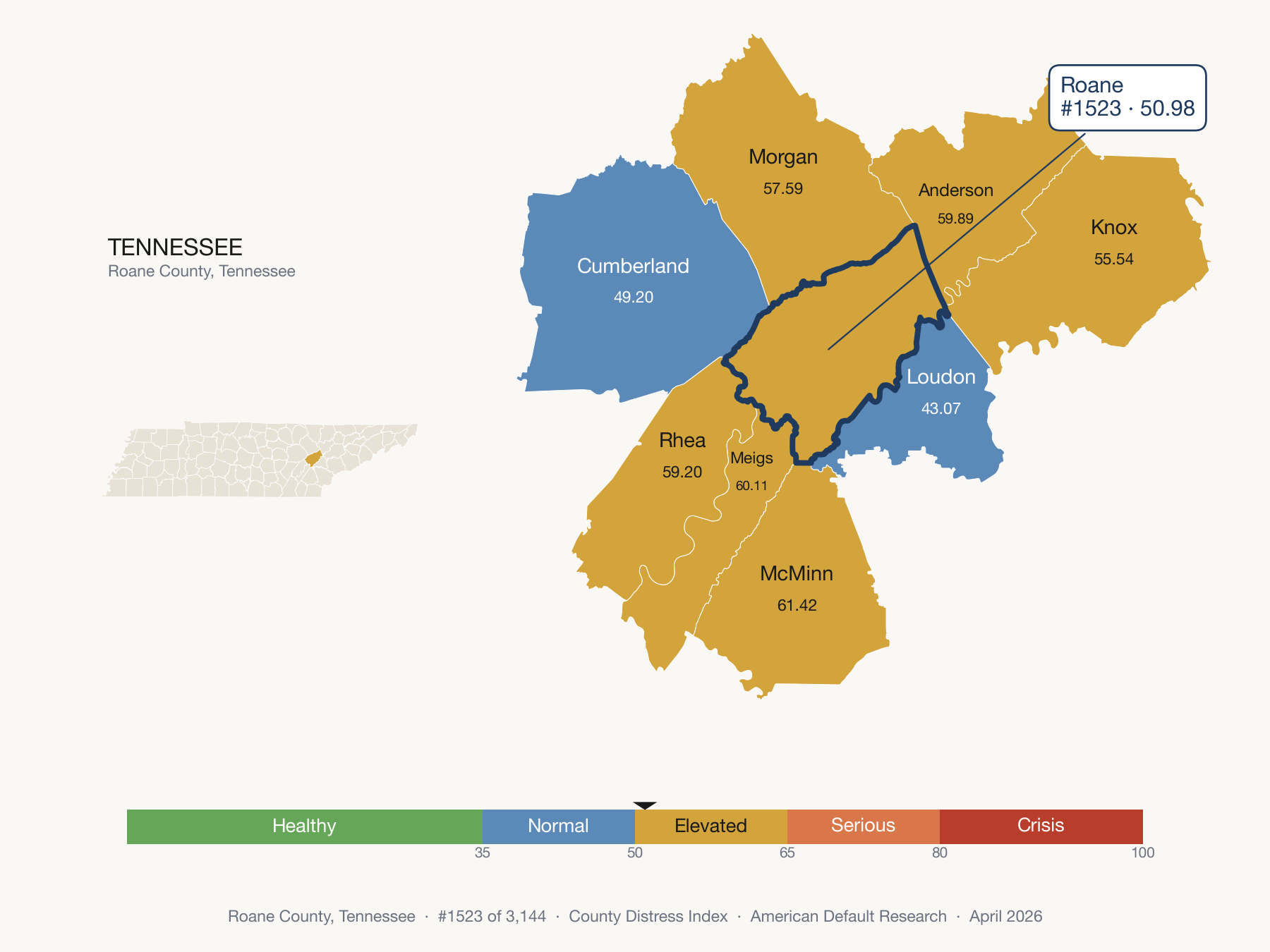 County Distress Index cluster map. Roane County, Tennessee and its neighbors colored by distress fifth.