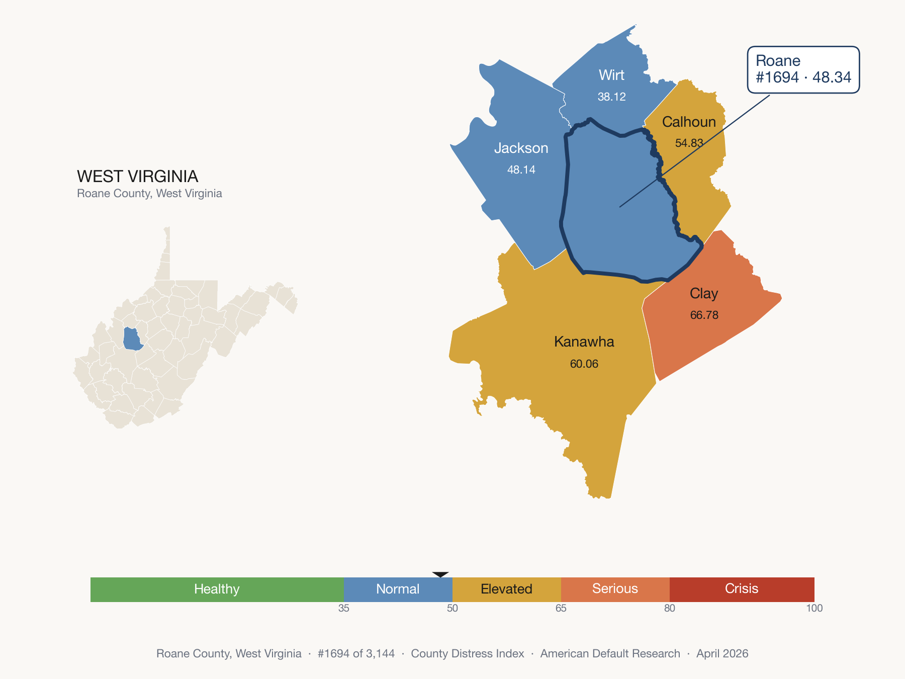 County Distress Index cluster map. Roane County, West Virginia and its neighbors colored by distress fifth.