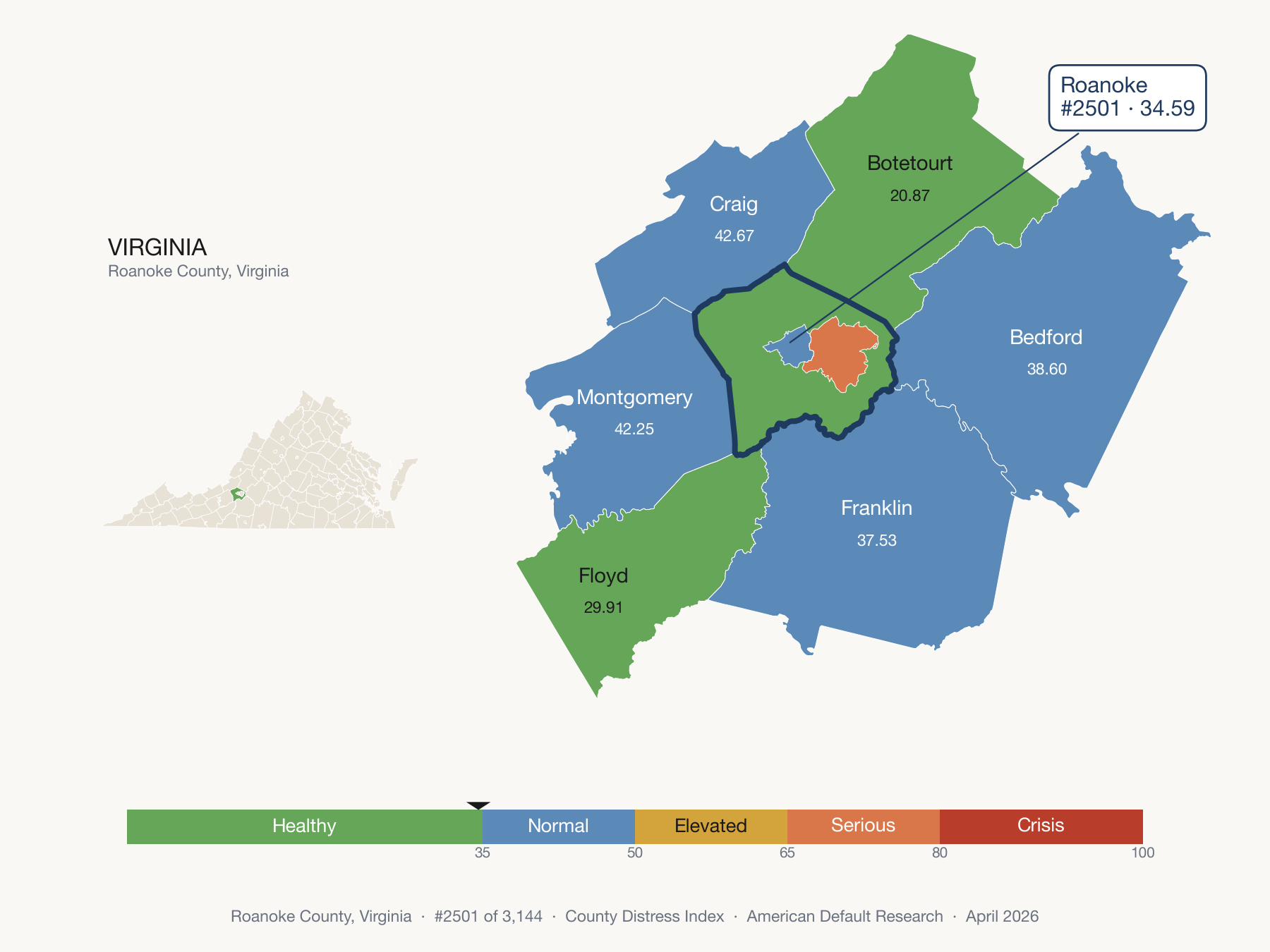 County Distress Index cluster map. Roanoke County, Virginia and its neighbors colored by distress zone.