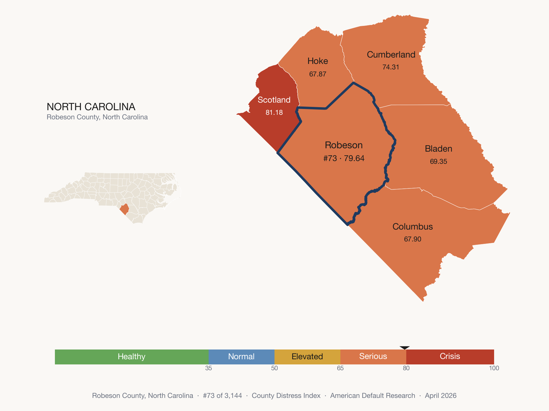 County Distress Index cluster map. Robeson County, North Carolina and its neighbors colored by distress zone.