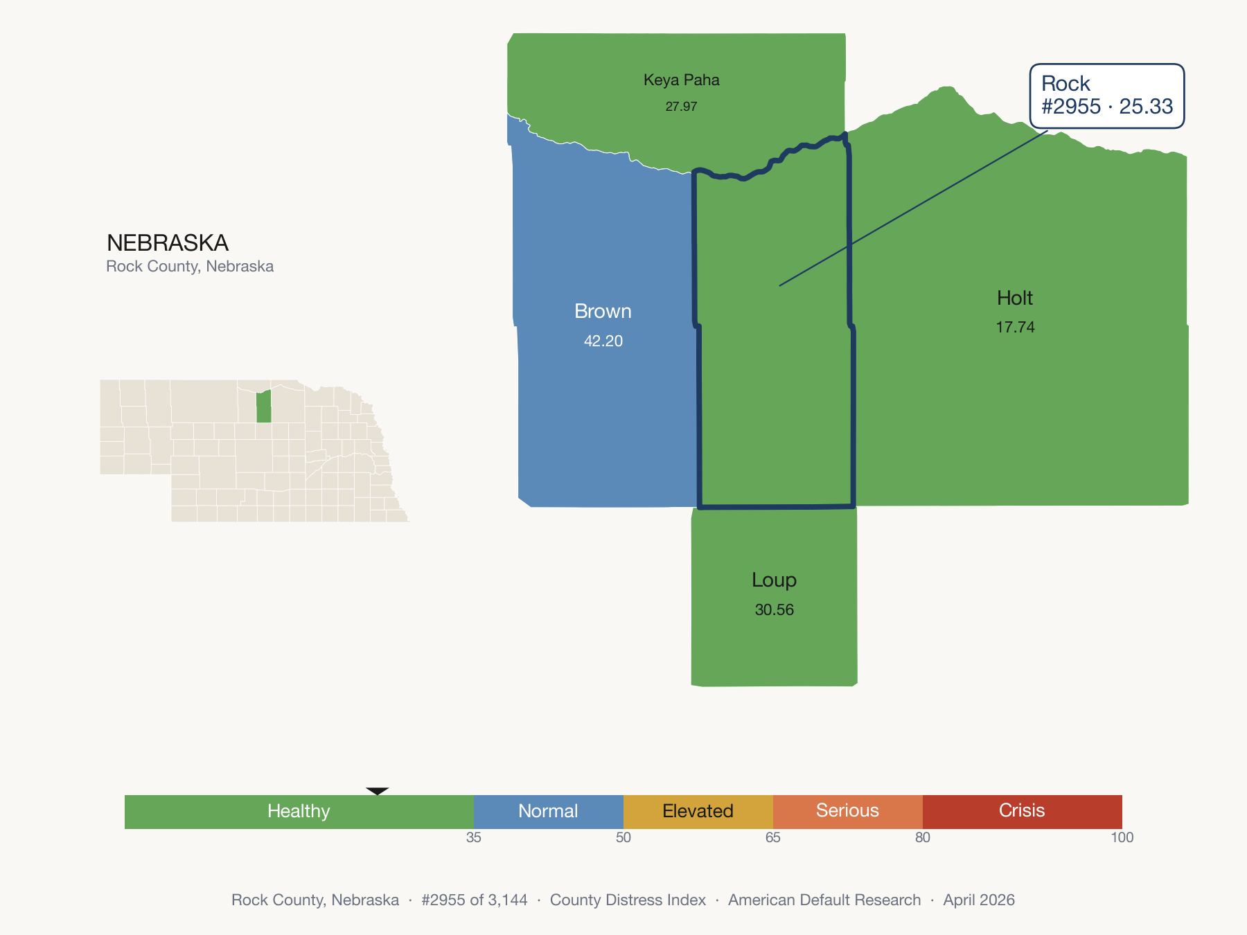 County Distress Index cluster map. Rock County, Nebraska and its neighbors colored by distress zone.