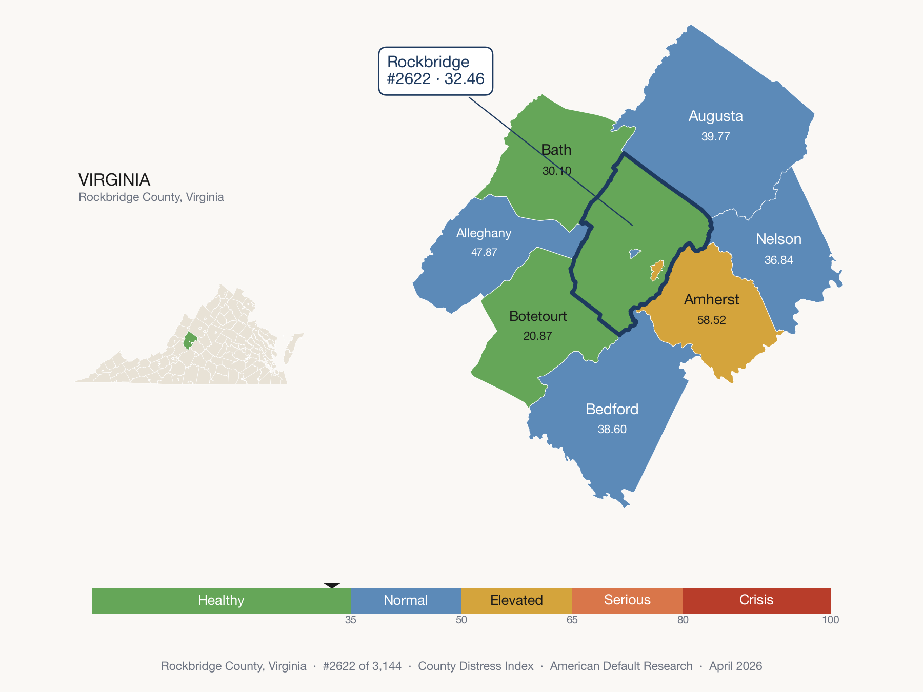 County Distress Index cluster map. Rockbridge County, Virginia and its neighbors colored by distress zone.