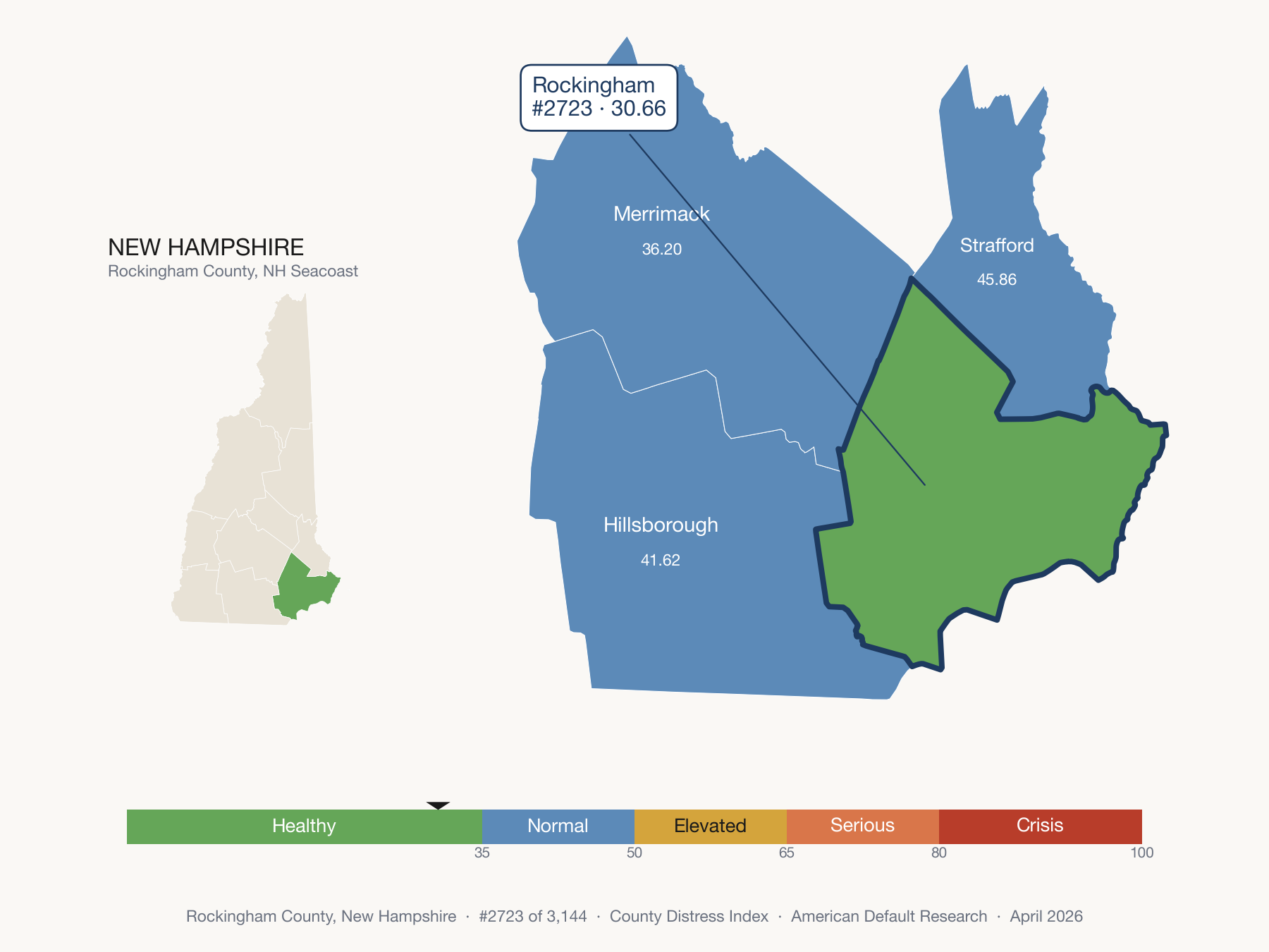 County Distress Index cluster map. Rockingham County, New Hampshire and its neighbors colored by distress fifth.