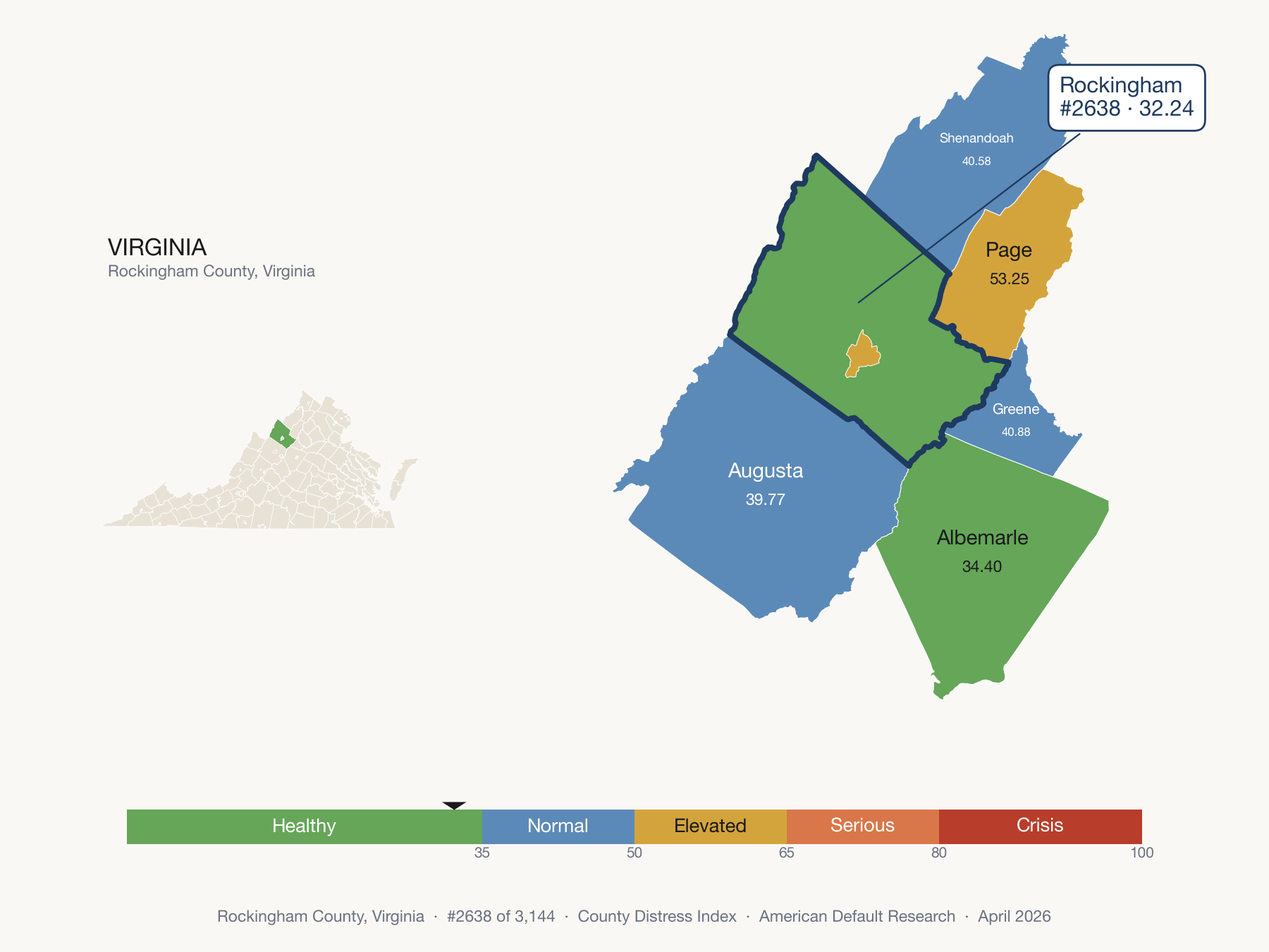 County Distress Index cluster map. Rockingham County, Virginia and its neighbors colored by distress fifth.