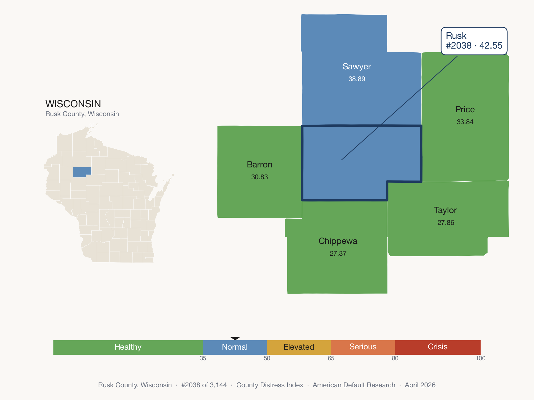 County Distress Index cluster map. Rusk County, Wisconsin and its neighbors colored by distress zone.