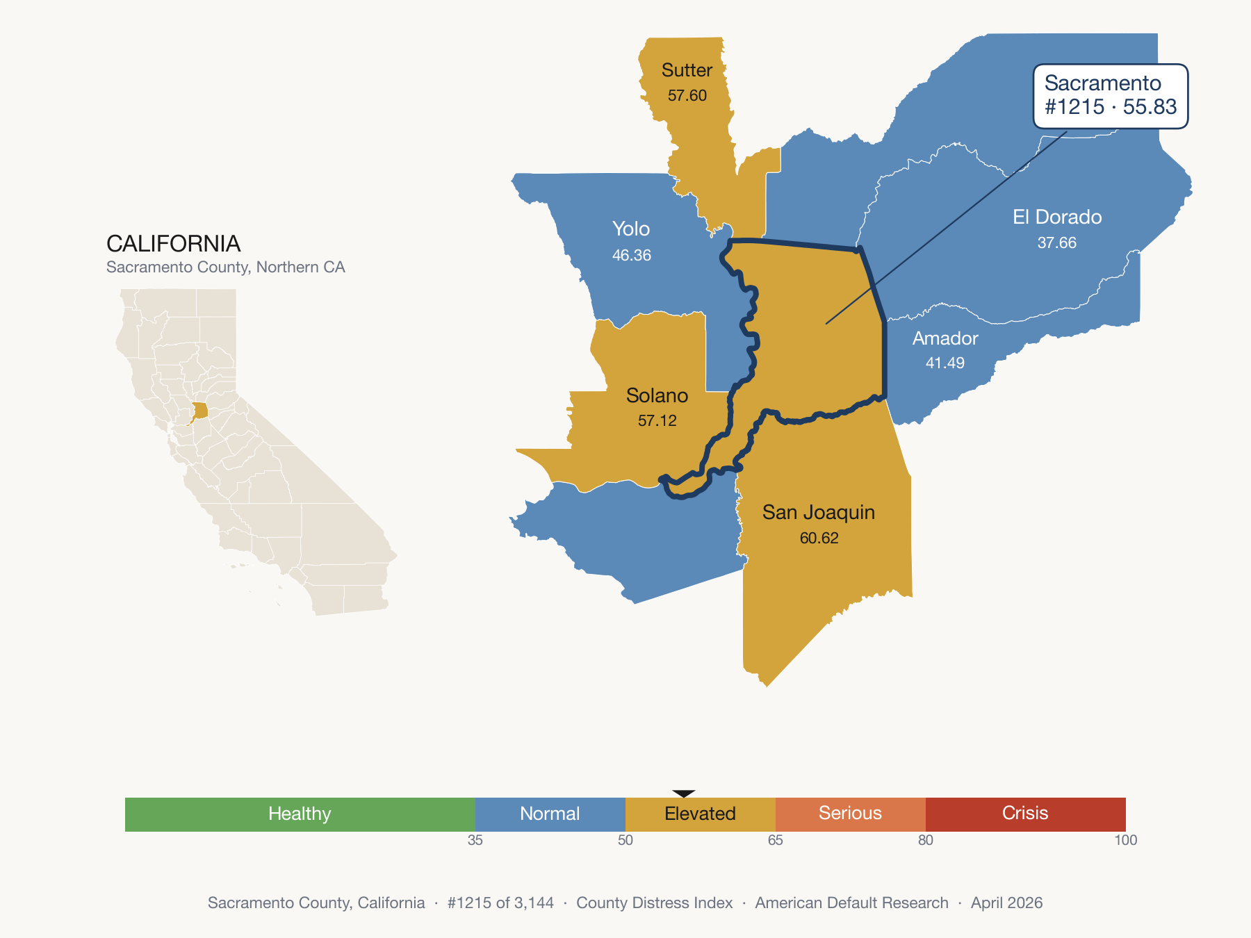 County Distress Index cluster map. Sacramento County, California and its neighbors colored by distress zone.