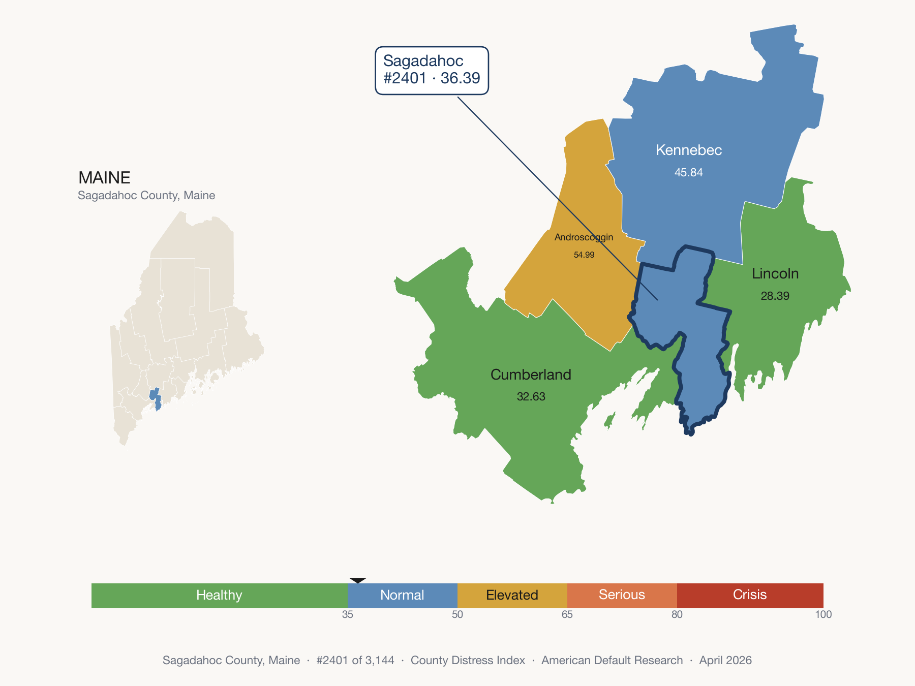 County Distress Index cluster map. Sagadahoc County, Maine and its neighbors colored by distress fifth.