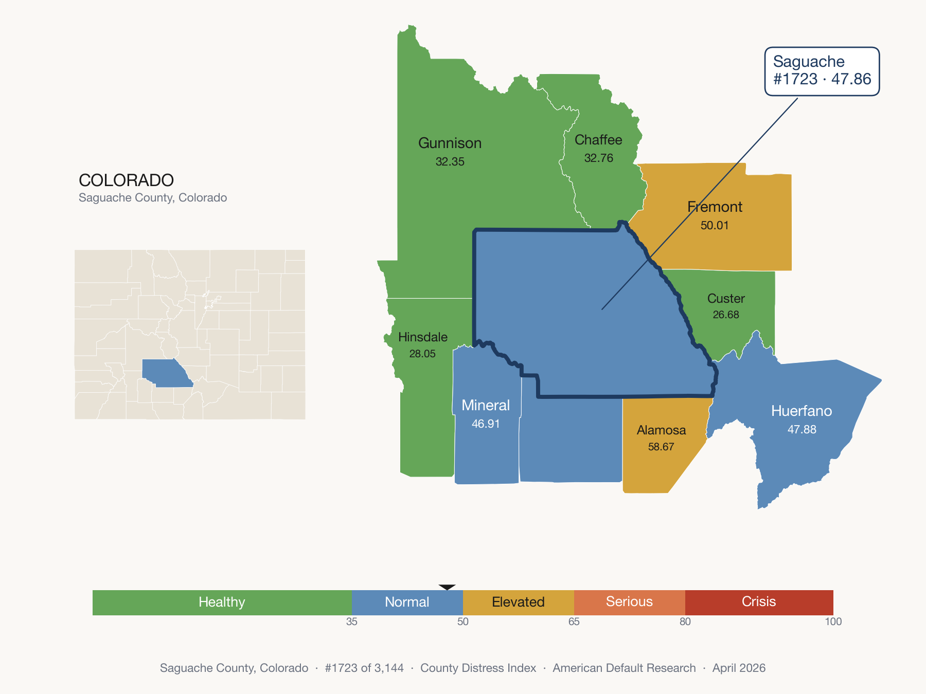 County Distress Index cluster map. Saguache County, Colorado and its neighbors colored by distress fifth.