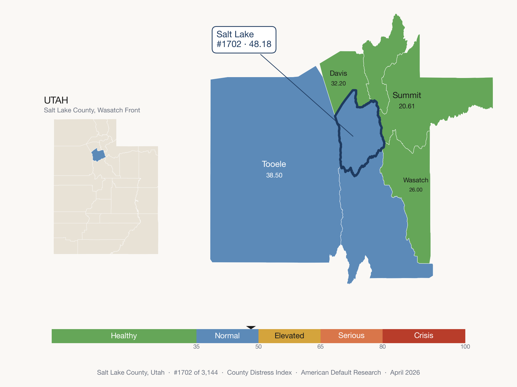 County Distress Index cluster map. Salt Lake County, Utah and its neighbors colored by distress zone.