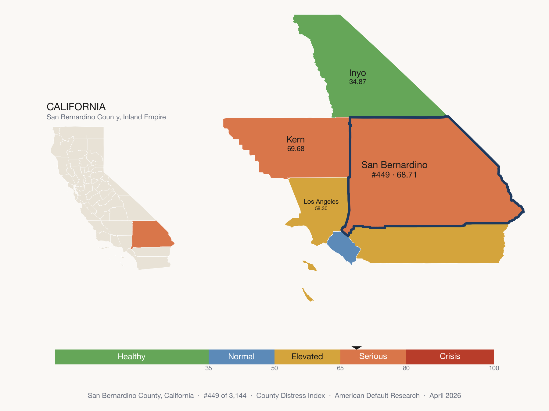 County Distress Index cluster map. San Bernardino County, California and its neighbors colored by distress zone.
