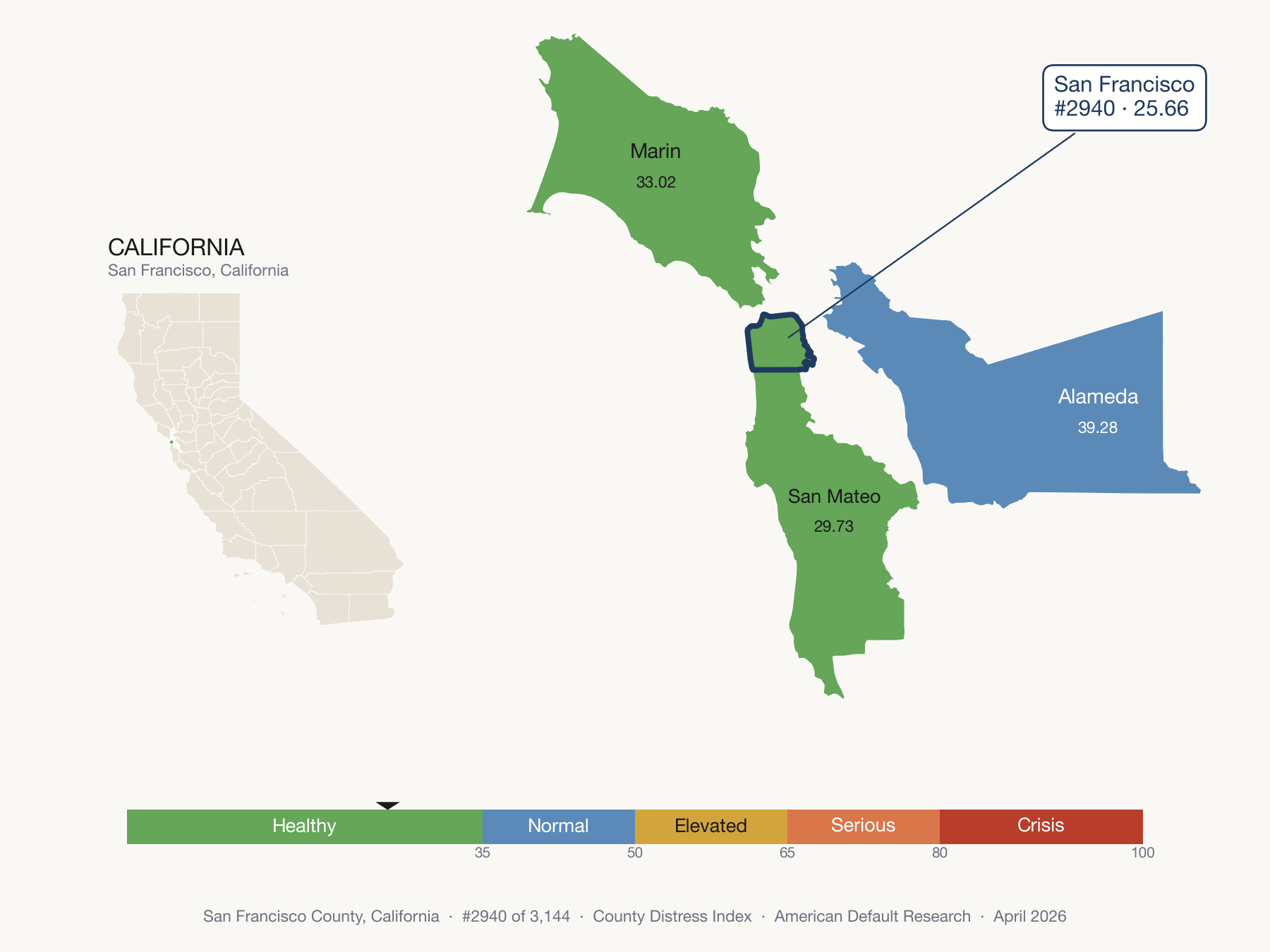 County Distress Index cluster map. San Francisco County, California and its neighbors colored by distress zone.