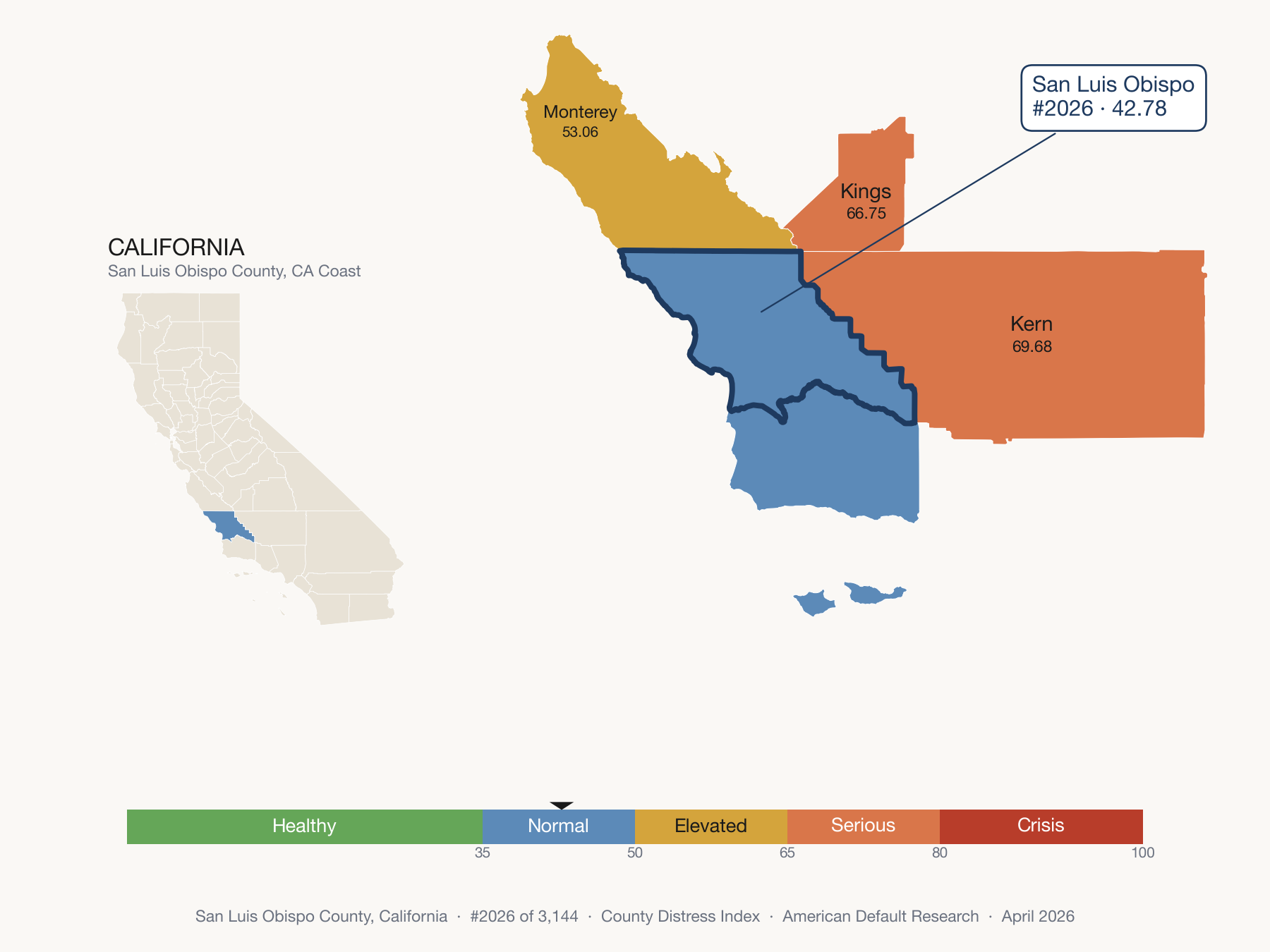 County Distress Index cluster map. San Luis Obispo County, California and its neighbors colored by distress zone.