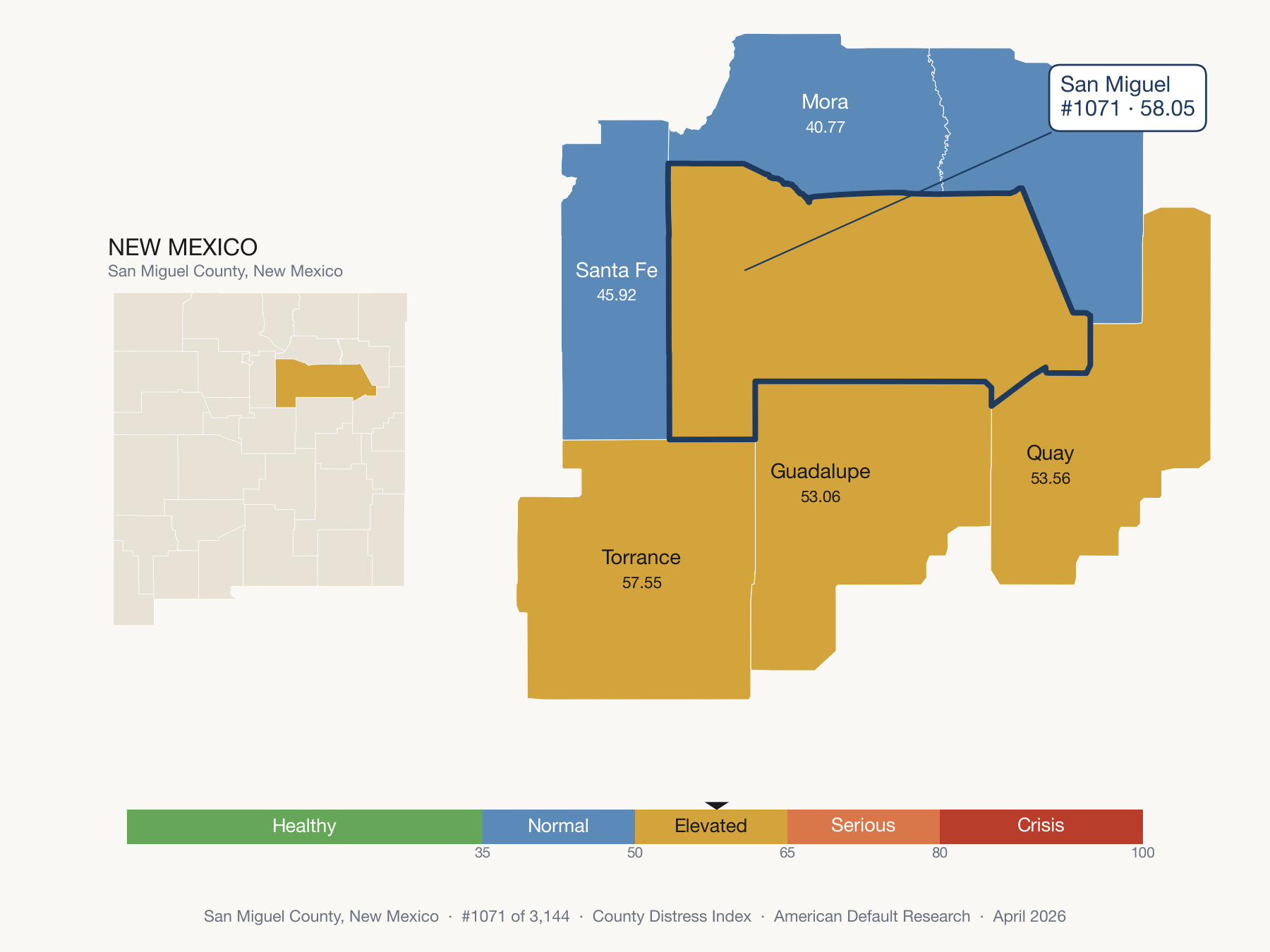 County Distress Index cluster map. San Miguel County, New Mexico and its neighbors colored by distress fifth.