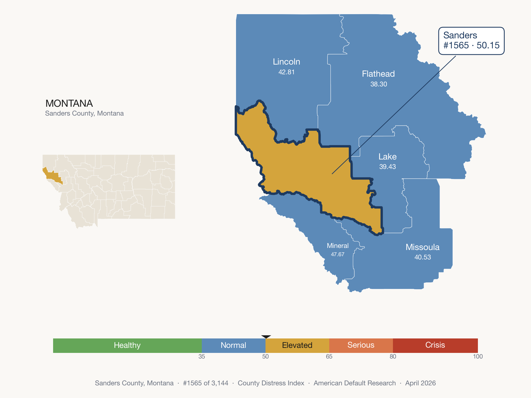 County Distress Index cluster map. Sanders County, Montana and its neighbors colored by distress zone.