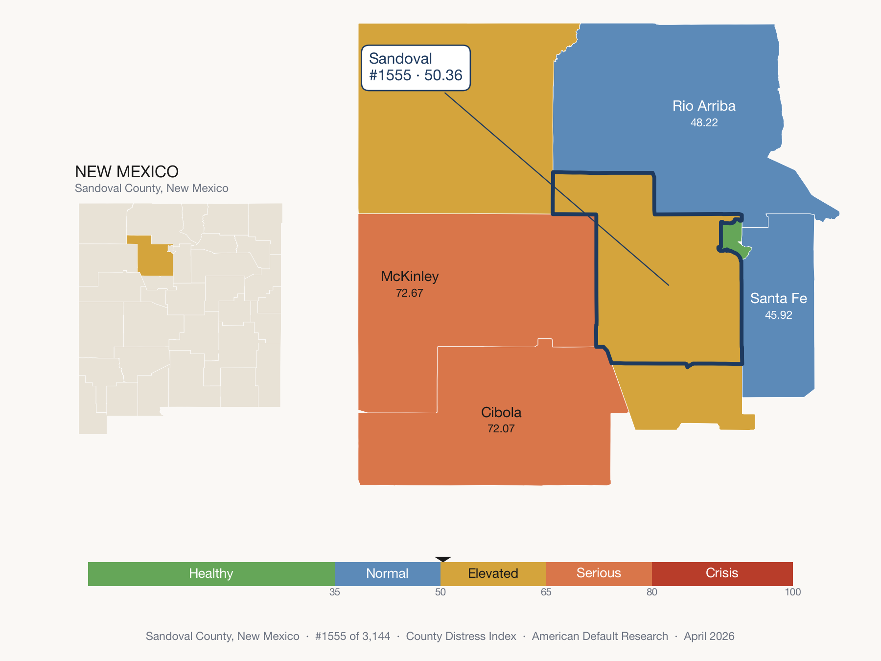 County Distress Index cluster map. Sandoval County, New Mexico and its neighbors colored by distress fifth.