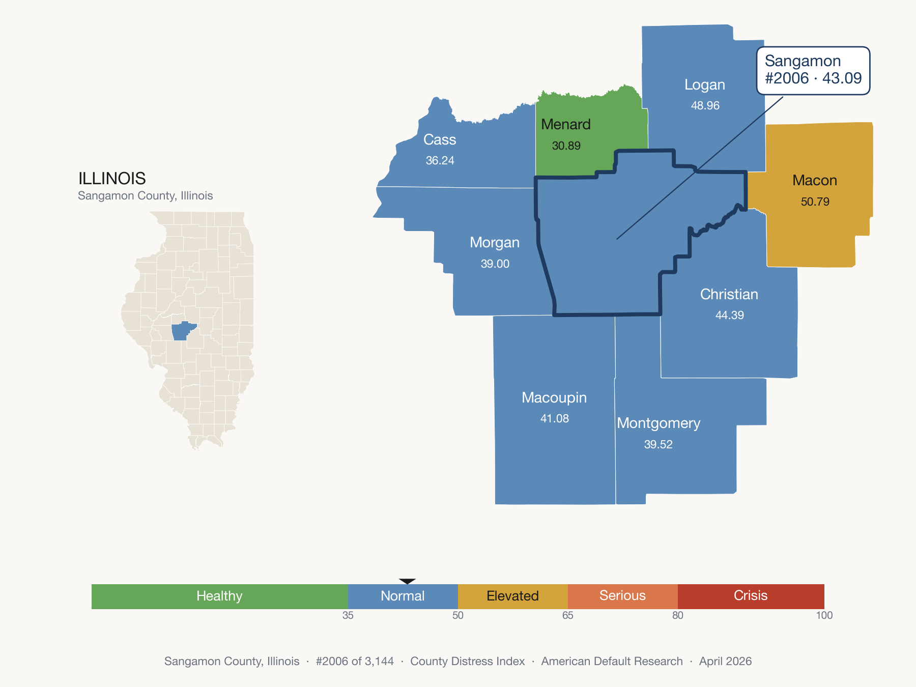 County Distress Index cluster map. Sangamon County, Illinois and its neighbors colored by distress zone.