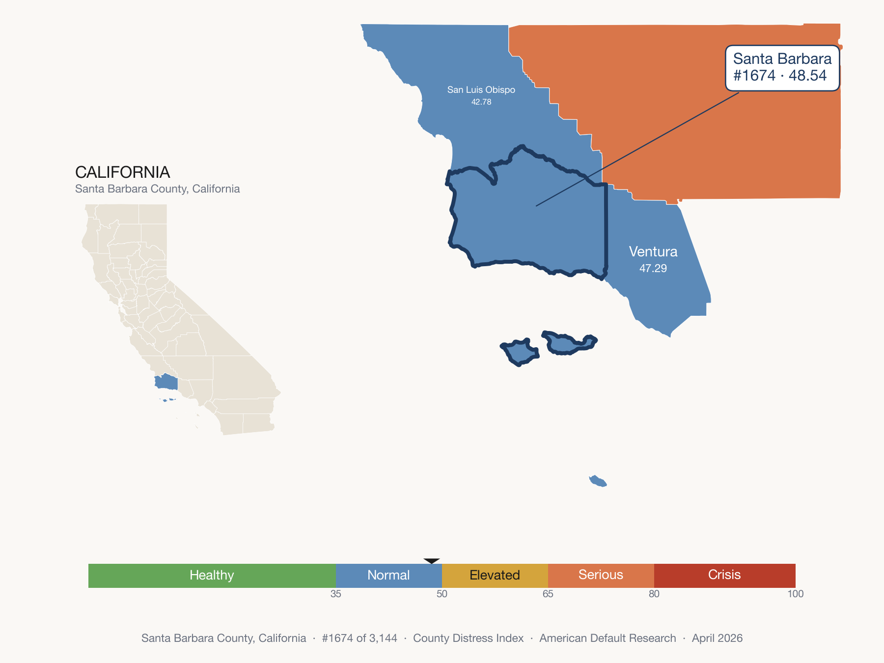 County Distress Index cluster map. Santa Barbara County, California and its neighbors colored by distress fifth.